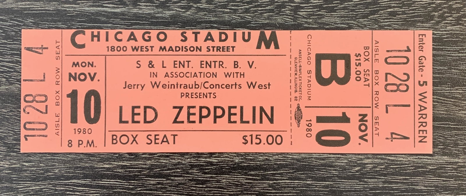 Led Zeppelin concert ticket. Chicago Stadium Nov. 10,: Led Zeppelin concert ticket. Chicago Stadium Nov. 10, 1980. 1x5 inches. This concert never happened due to the passing of John Bonham.