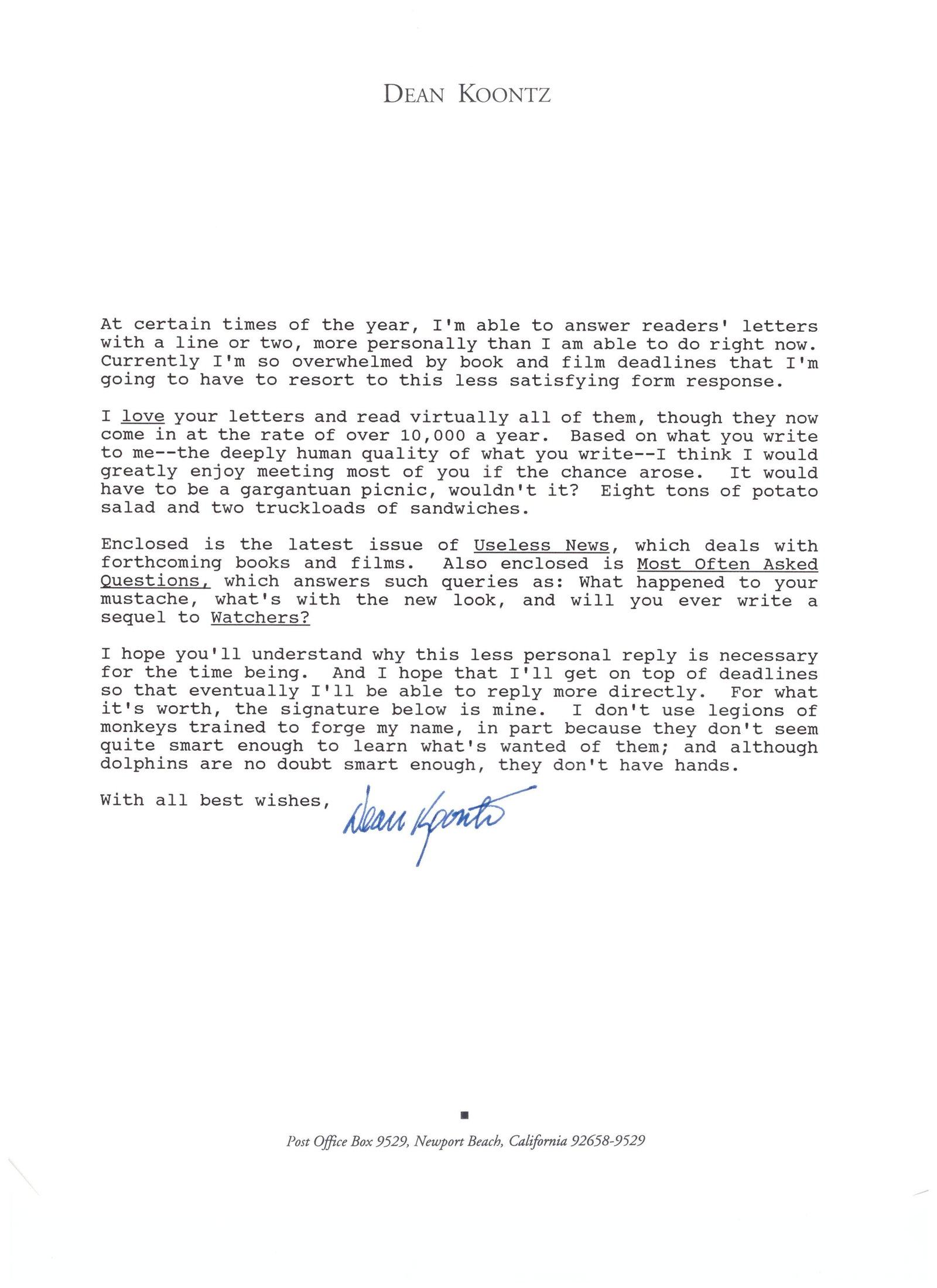 Dean Koontz signed letter: Author Dean Koontz signed fan letter on personal stationary