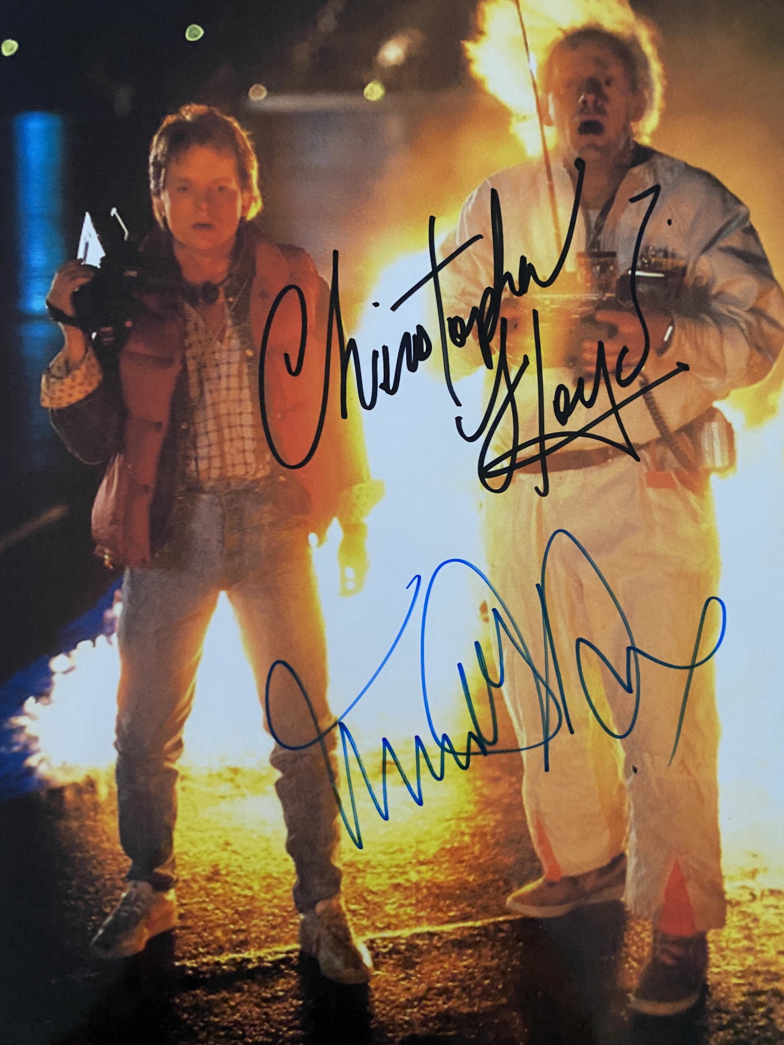 Back to the Future signed movie photo: Back to the Future signed movie photo autographed by Michael J. Fox and Christopher Lloyd. 8x10 inches
