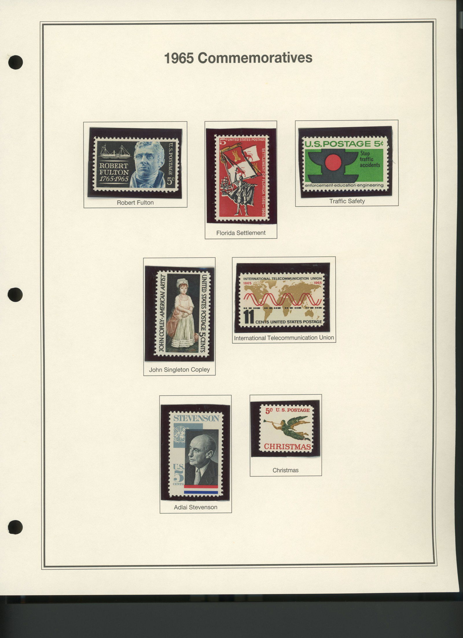 1965 United States Commemorative Stamp Set: Robert Fulton; Florida Settlement; Traffic Safety; John Singleton Copley; International Telecommunication Union; Adlai Stevenson; Christmas