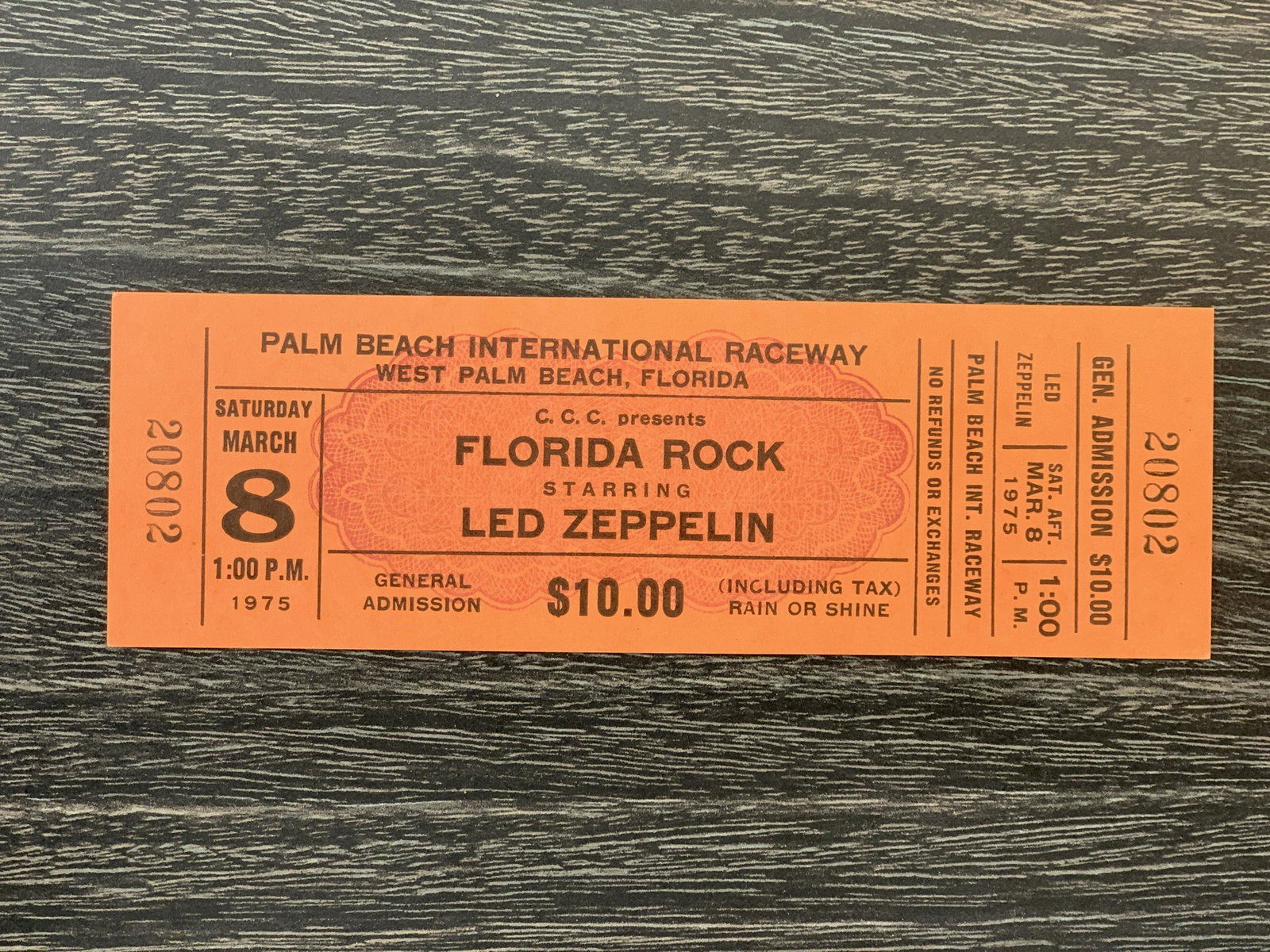 Led Zeppelin concert ticket. Palm Beach International: Led Zeppelin concert ticket. Palm Beach International Raceway March 8, 1975. 1x5 inches
