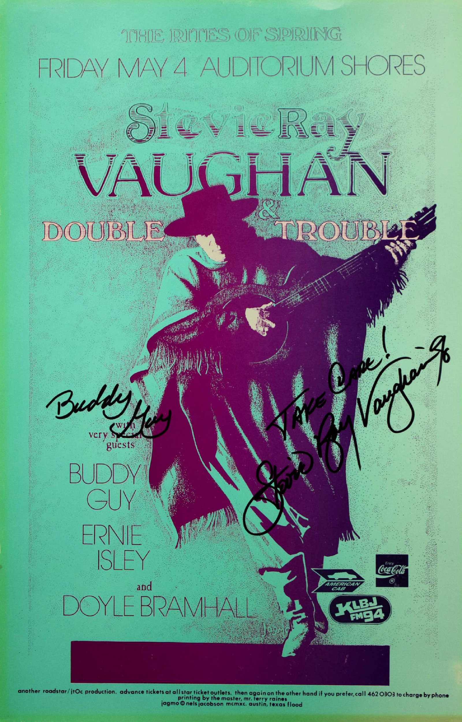 Stevie Ray Vaughan signed tour photo: 11 in. by 17 in. Promo Poster for the May 4th, 1990 â€œThe Rites Of Spring” Concert In Austin Texas for Stevie Ray with special guests Buddy Guy, Ernie Isley, and Doyle Bramhall autographed 