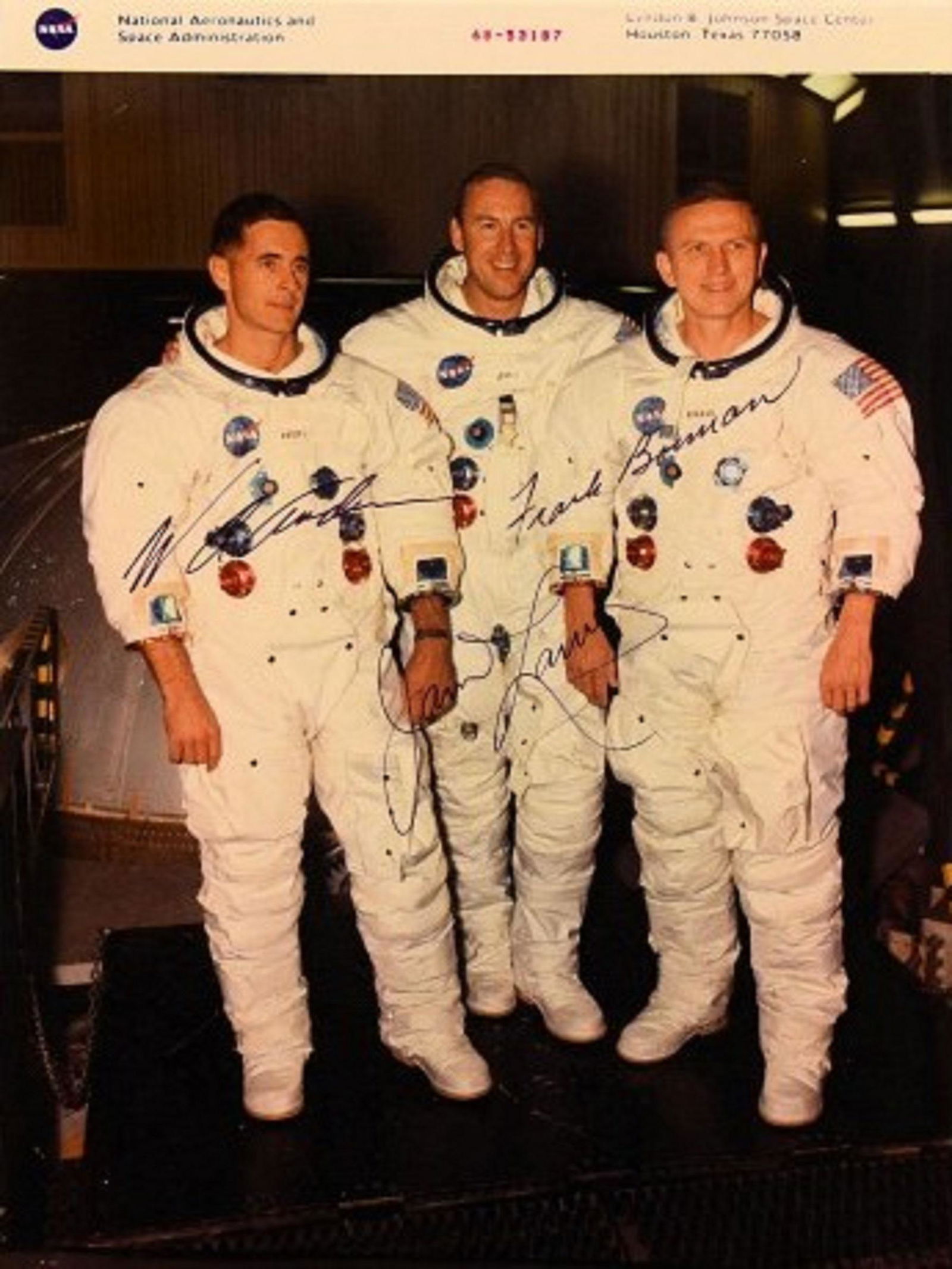 Apollo 8 signed promo photo: 8 in. by 10 in. Apollo 8 promotional photo autographed by William Anders, James Lovell Jr. & Frank Borman.