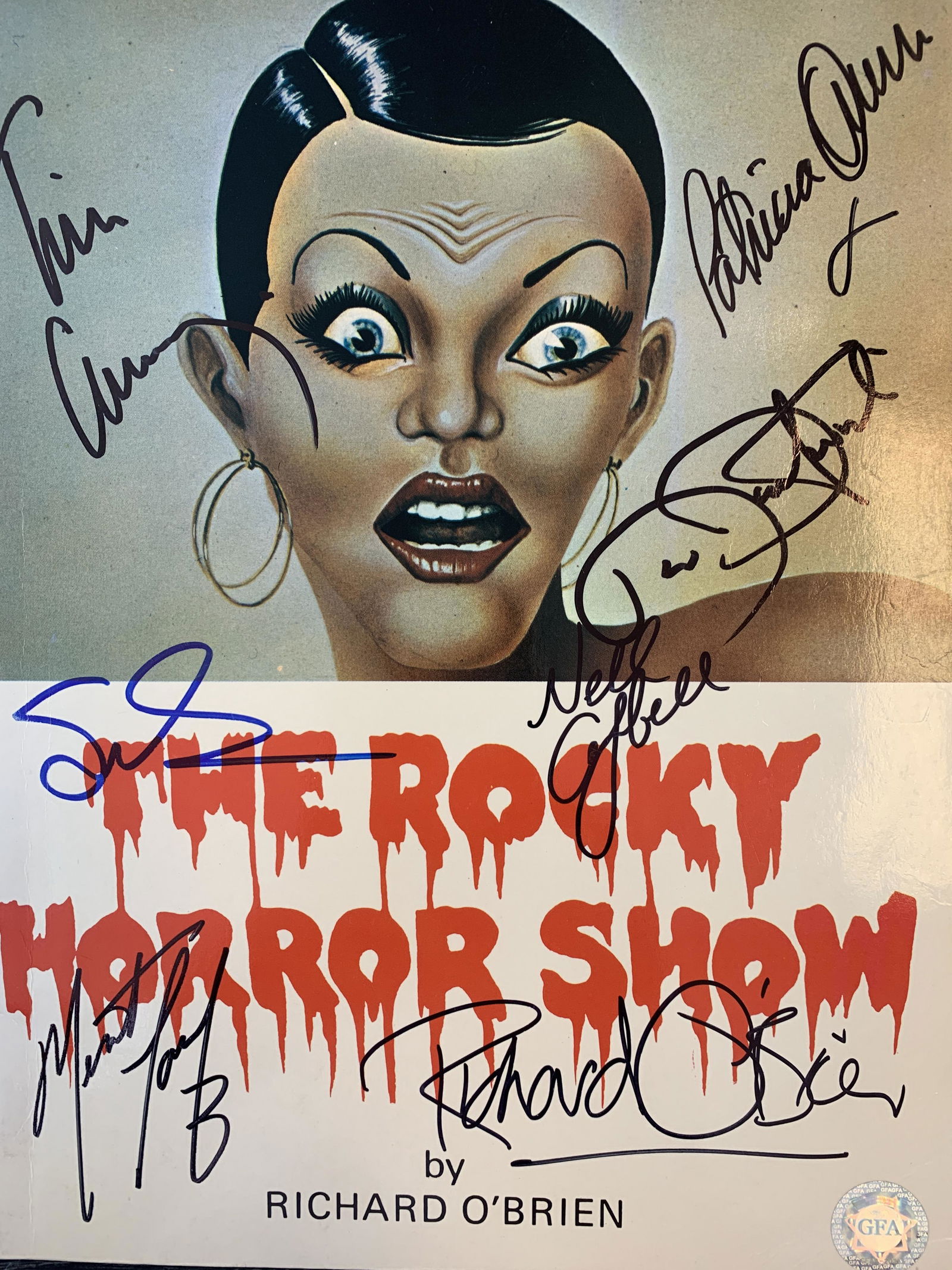 Rocky Horror Picture Show signed music book: Rocky Horror Picture Show signed music book autographed by Tim Curry, Susan Sarandon, Meat Loaf, Nell Campbell, Richard O'Brien, Patricia Quinn and Barry Bostwick. 8x11 inches