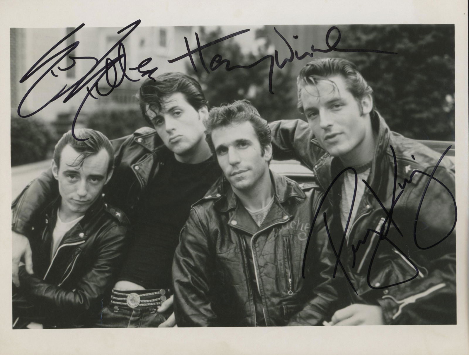 The Lords of Flatbush signed movie photo: The Lords of Flatbush signed movie photo autographed by Sylvester Stallone, Henry Winkler and Perry King. 9x7 inches