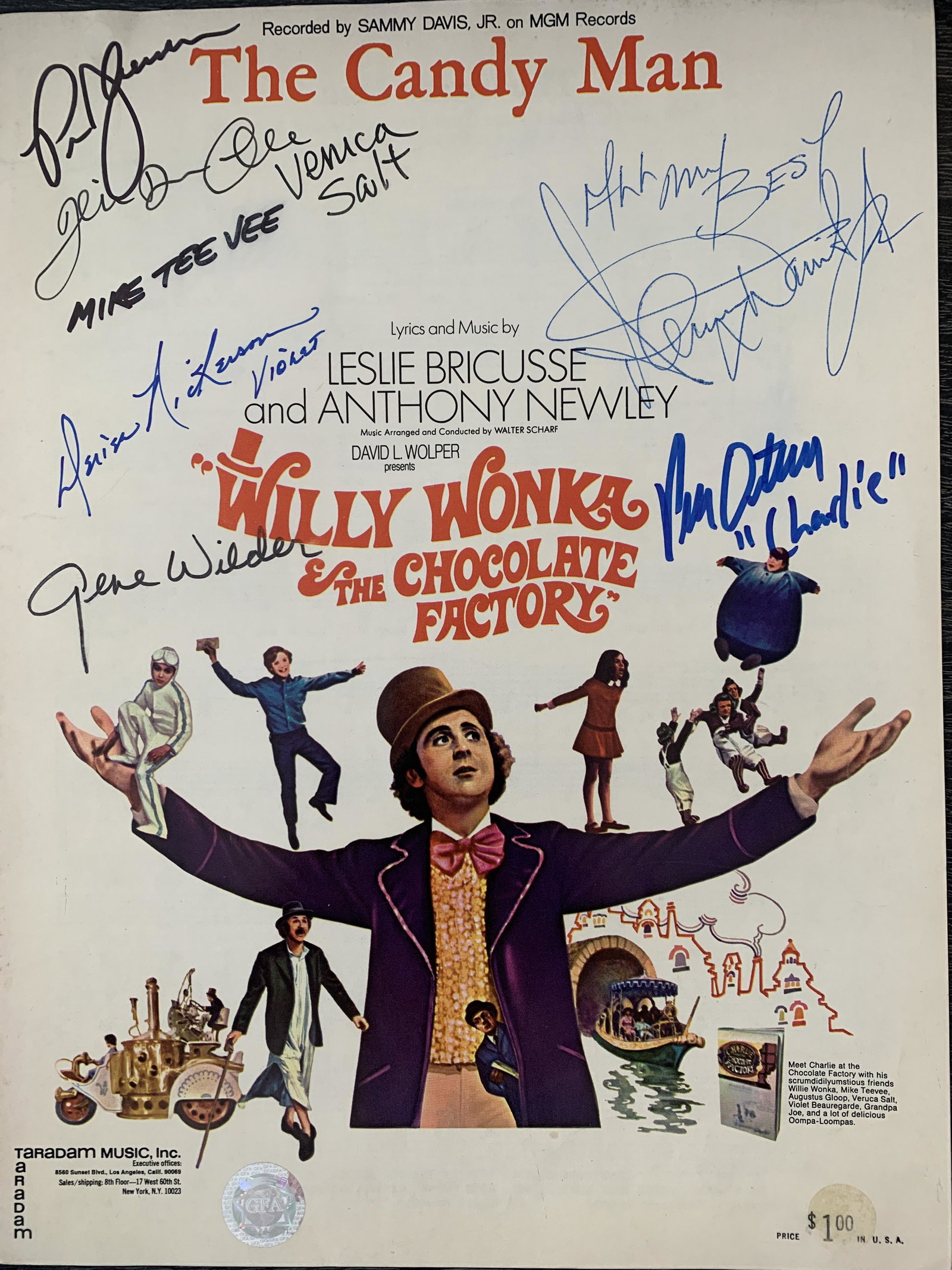 Willy Wonka And The Chocolate Factory cast signed sheet: Willy Wonka And The Chocolate Factory cast signed sheet music autographed by Gene Wilder, Denise Nickerson, Paris Themmen, Julie Dawn Cole, Peter Ostrum and Sammy Davis Jr. 9x12 inches