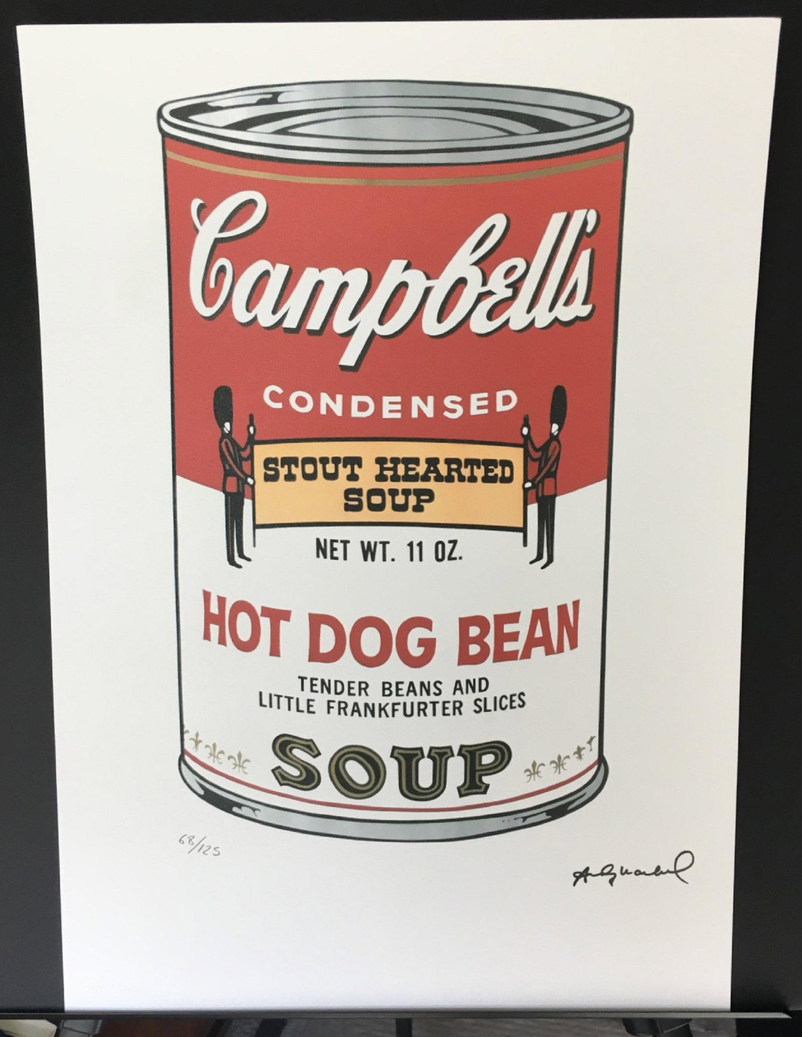 Andy Warhol Hot Dog Bean Soup LE Lithograph: Limited edition 68 of 125 Campbell's Hot Dog Bean soup Lithograph with Andy Warhol dry stamped (embossed) in the left corner of the paper with a black stamped signature in the right. Also, including a