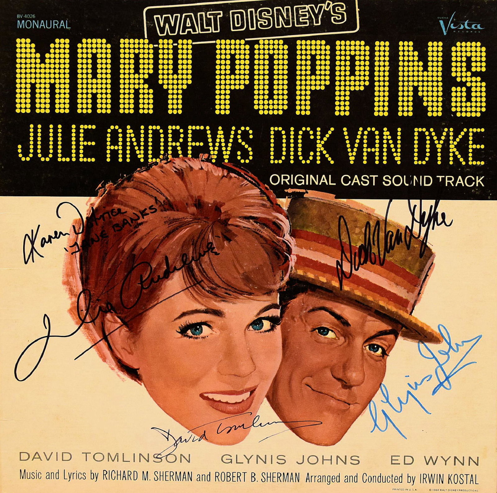 Marry Poppins cast signed Soundtrack: Marry Poppins 1964 soundtrack autographed by Dick Van Dyke, Julia Andrews, Karen Dotrice â€˜Jane Banksâ€™, Glynis Johns & David Tomlinson