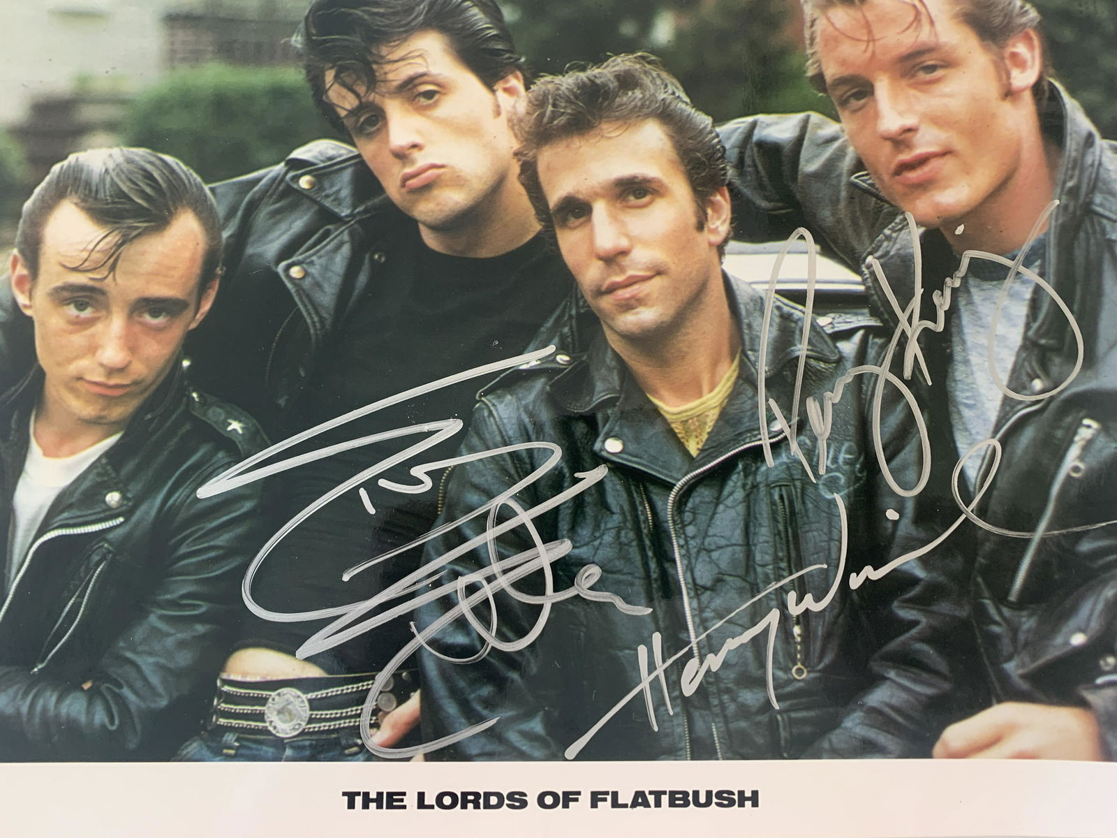 Lords Of Flatbush cast signed photo: Lords Of Flatbush cast signed photo autographed by Sylvester Stallone, Henry Winkler and Perry King. 8x10 inches