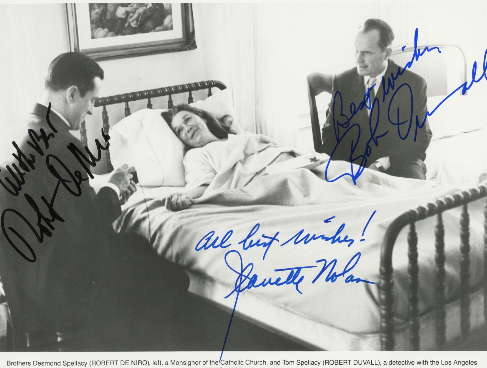 True Confessions signed movie photo: True Confessions signed movie photo autographed by Robert DeNiro, Robert Duvall and Jeanette Nolan. 8x10 inches
