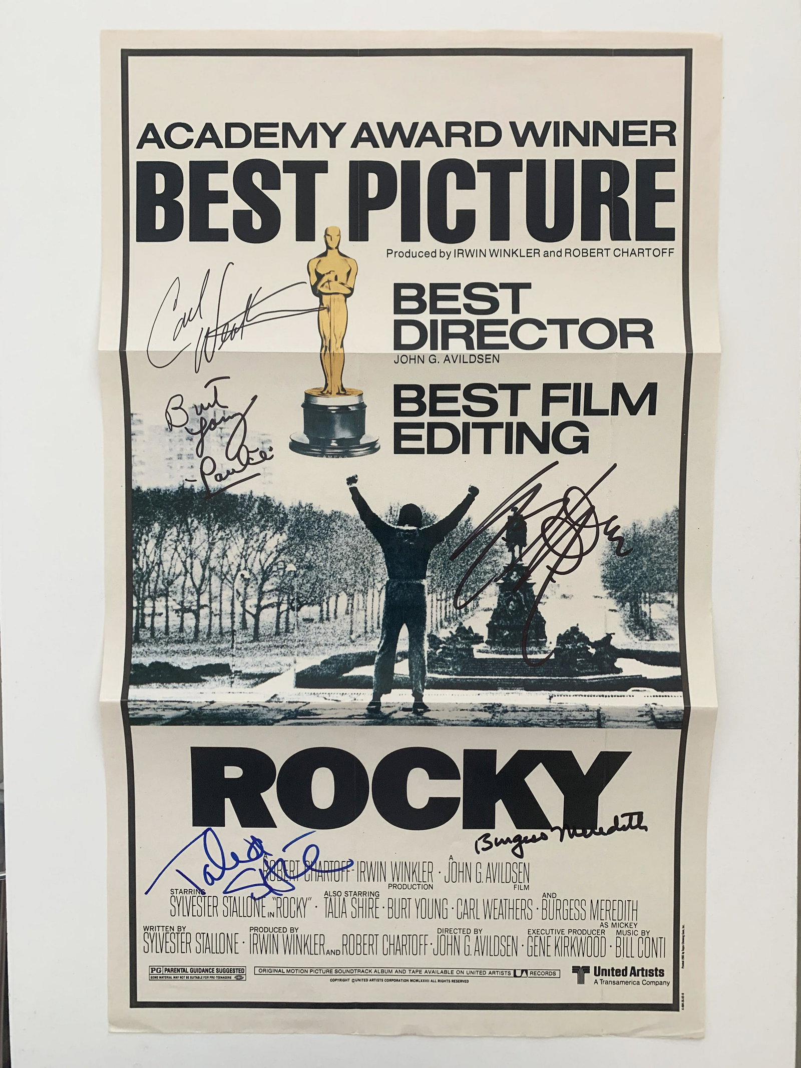 Rocky cast signed movie poster: Rocky cast signed movie poster autographed by Sylvester Stallone, Carl Weathers, Burt Young, Talia Shire and Burgess Meredith - 12x20 inches