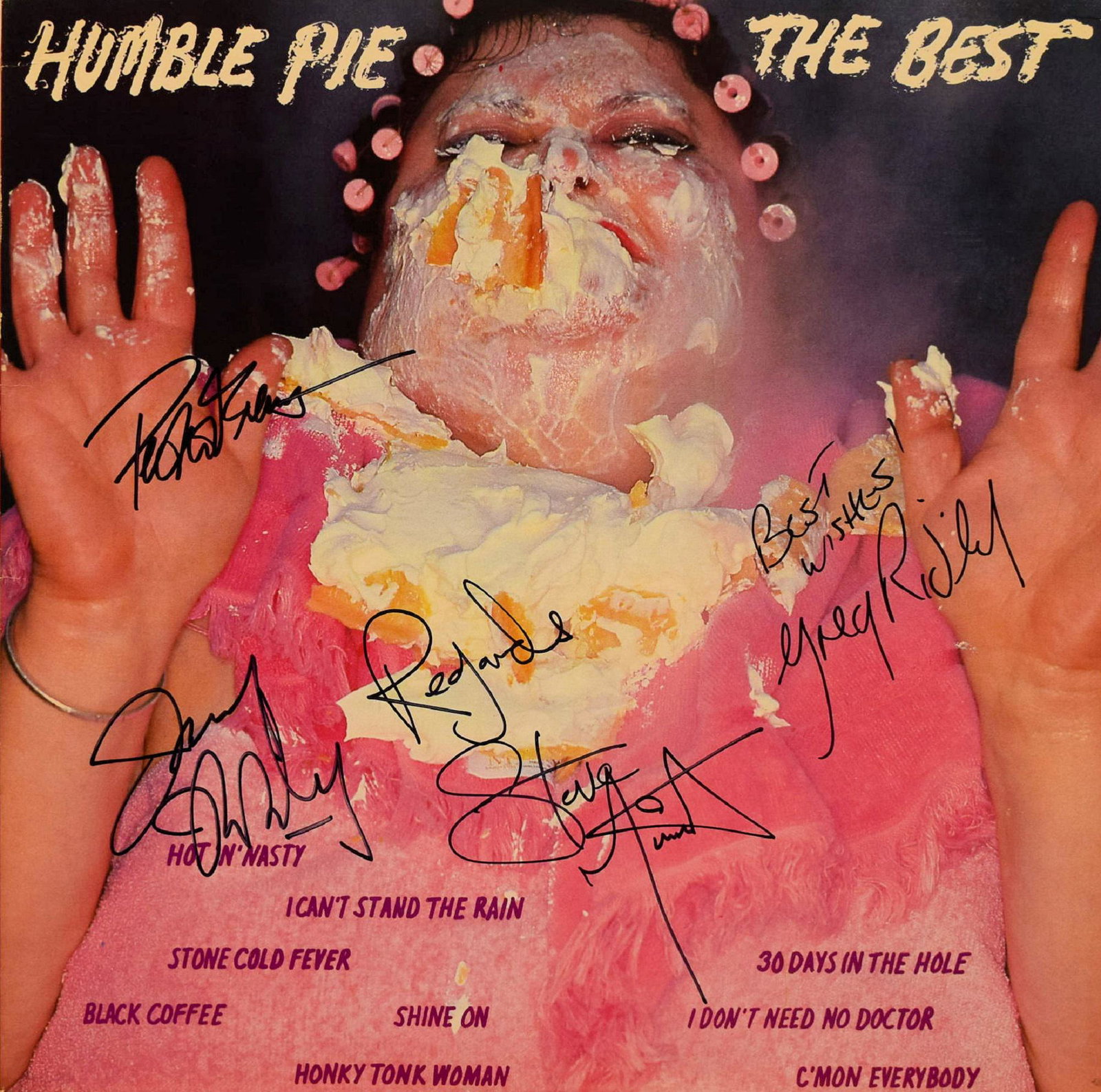 Humble Pie signed "The Best" album: Humble Pie's 1982's hit album "The Best" autographed by Peter Frampton, Steve Marriott, Greg Ridley, and Jerry Shirley.