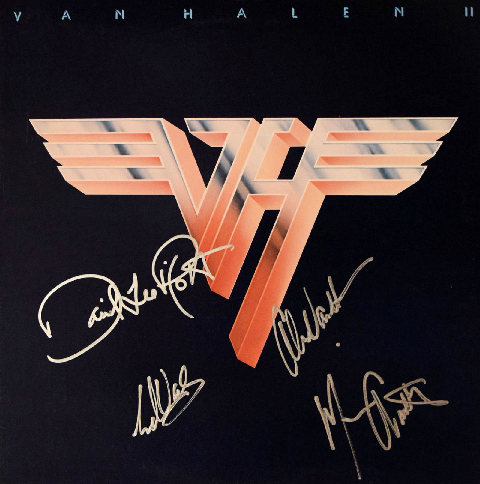 Van Halen signed Van Halen II album: Van Halen 1979 Van Halen II album autographed by Edward Van Halen, Alex Van Halen, Michael Anthony, and David Lee Roth.