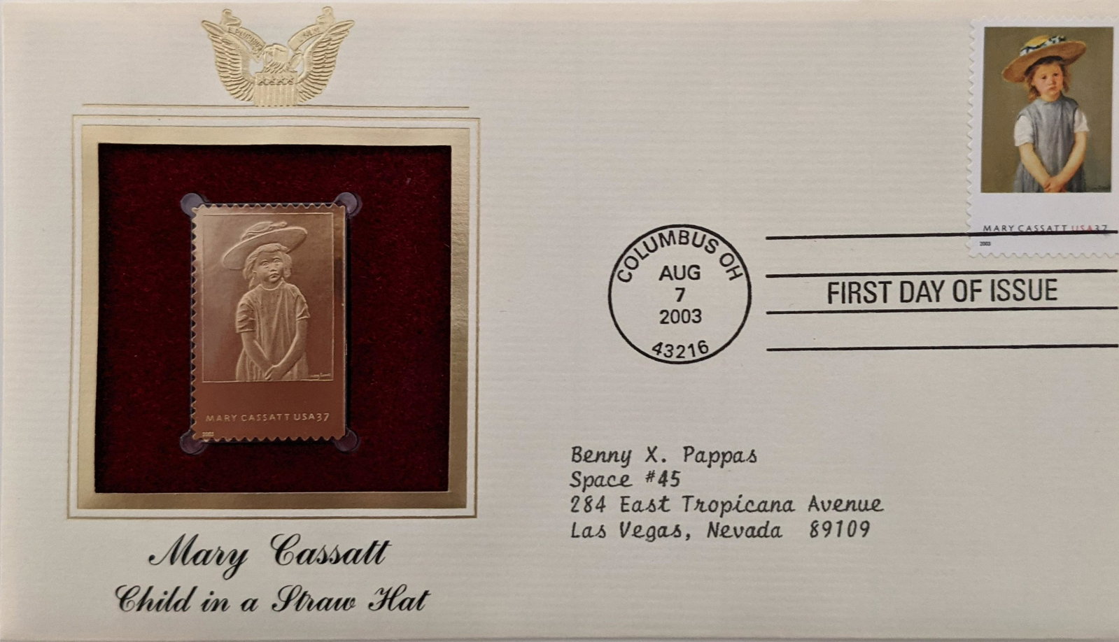 Mary Cassatt Child in a Straw Hat - Gold Stamp Replica: Mary Cassatt Child in a Straw Hat - Gold Stamp Replica First Day Cover -Aug 7 2003 - Columbus OH. 4.5x7.5 inches