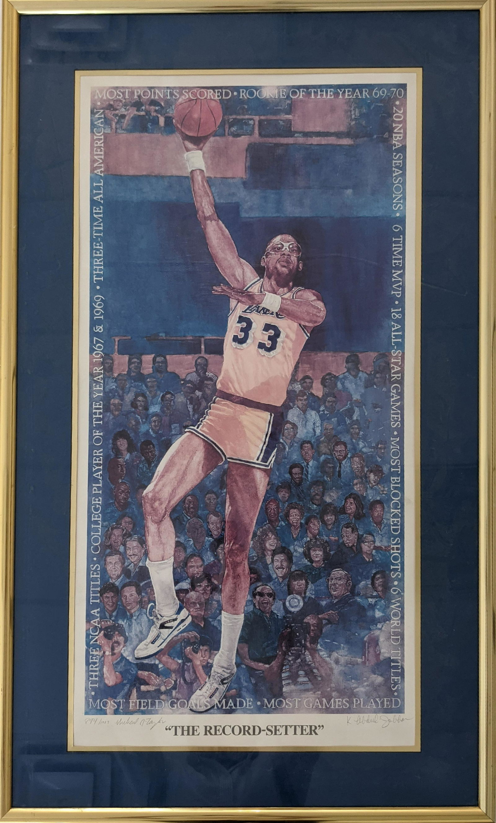 Kareem Abdul-Jabbar & Artist signed "The Record Setter": Kareem Abdul-Jabbar & Artist Michael Taylor signed "The Record Setter" Artwork. Framed and matted,