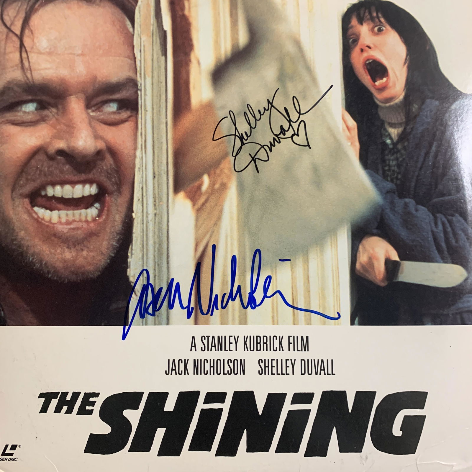 The Shining cast signed Laser Disc: The Shining cast signed Laser Disc autographed by Jack Nicholson and Shelley Duvall. 12x12 inches, disc included
