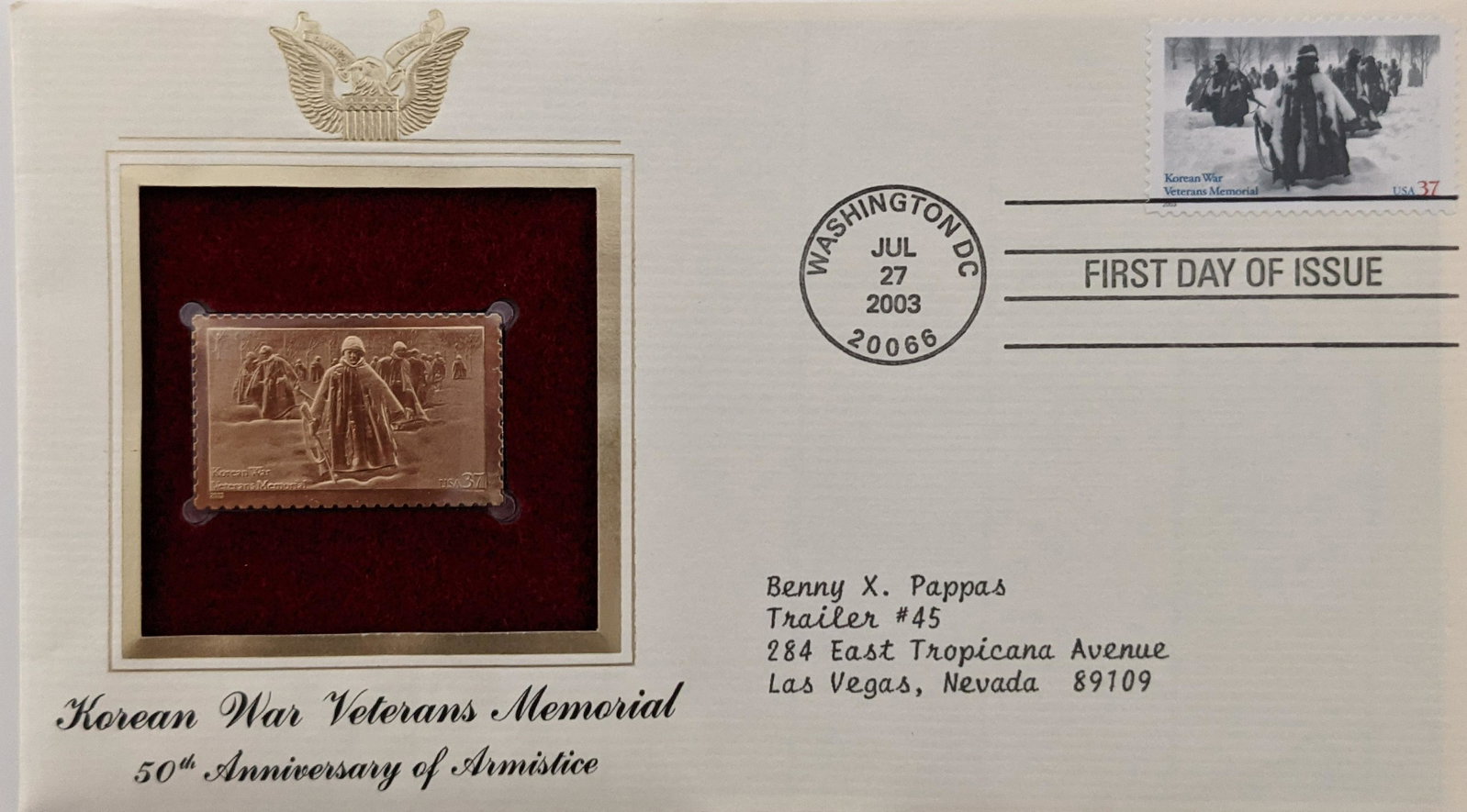 Korean War Veterans Memorial 50th Anniversary of: Korean War Veterans Memorial 50th Anniversary of Armistice - Gold Stamp Replica First Day Cover -Jul 27 2003 - Washington D.C. 4.5x7.5 inches