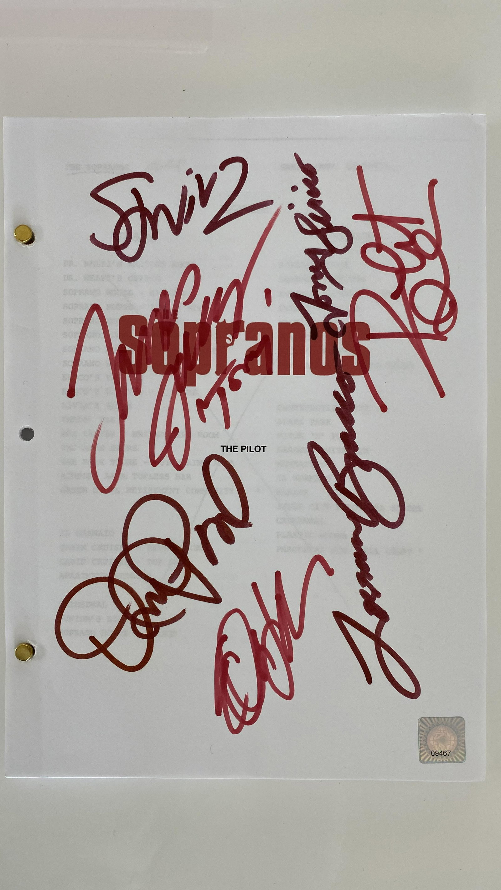 The Sopranos signed script: The Sopranos signed script autographed by James Gandolfini, Lorraine Brocco, Steven Van Zandt, Robert Iler, Edie Falco, David Chase and Jamie-Lynn Sigler. 8x11 inches