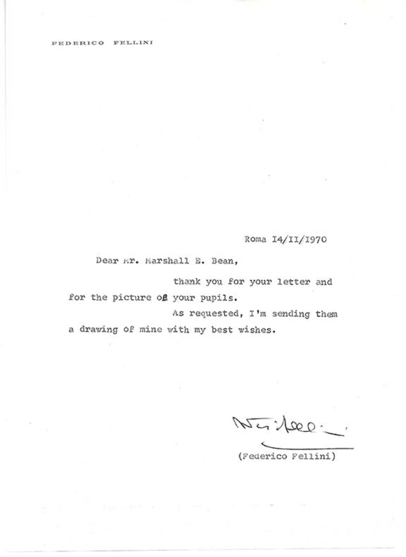 Federico Fellini hand-signed letter dated: Roma,: Typed letter signed on his name imprinted stationery. Roma, 14/11/1970 to Marshall E. Bean. Sends thanks for a picture of pupils and sends along a drawing which is not enclosed. A nice signed example.