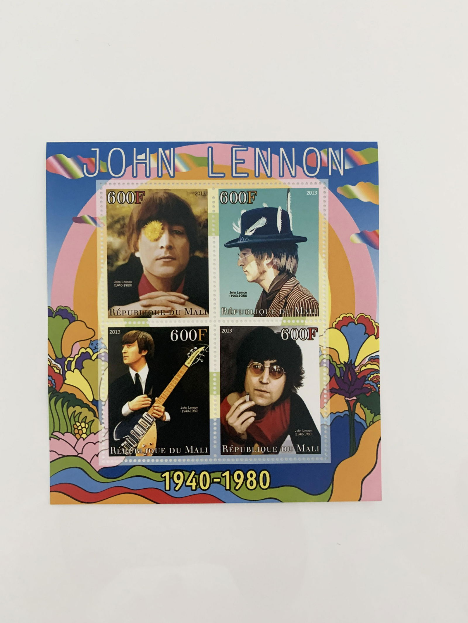 John Lennon Commemorative Souvenir Stamp Set: 2013 Mali John Lennon Commemorative Souvenir Set of 4 x 600F Stamps
