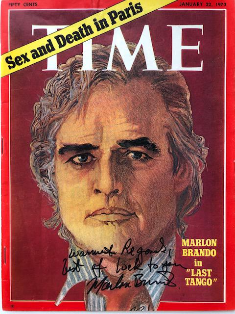 Marlon Brando signed Time Magazine: Time Magazine autographed and inscribed by Marlon Brando. Issue date is January 22, 1973
