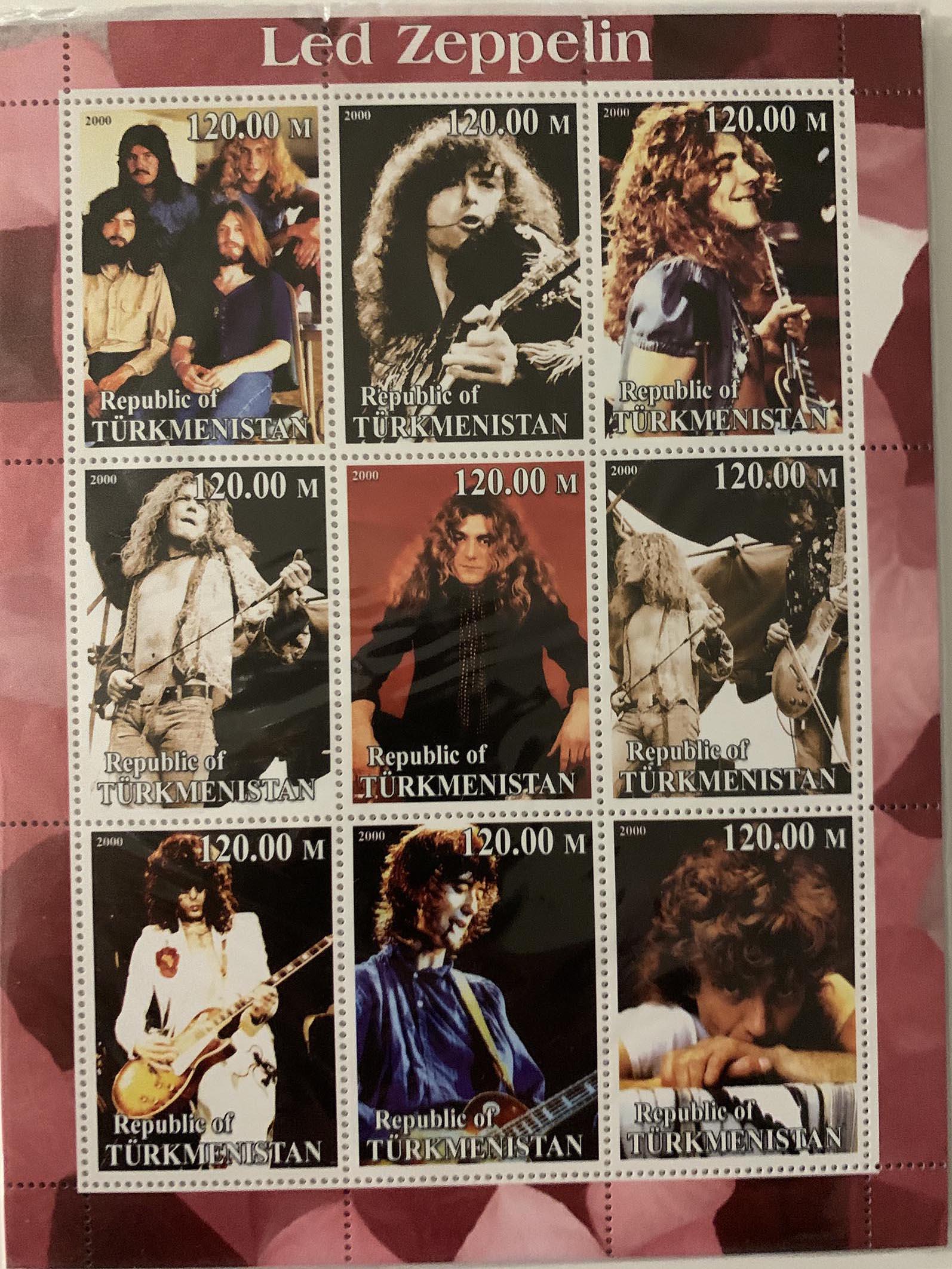 Led Zeppelin Turkmenistan souvenir stamp sheet: Led Zeppelin Turkmenistan 2000 souvenir set of 9 stamps