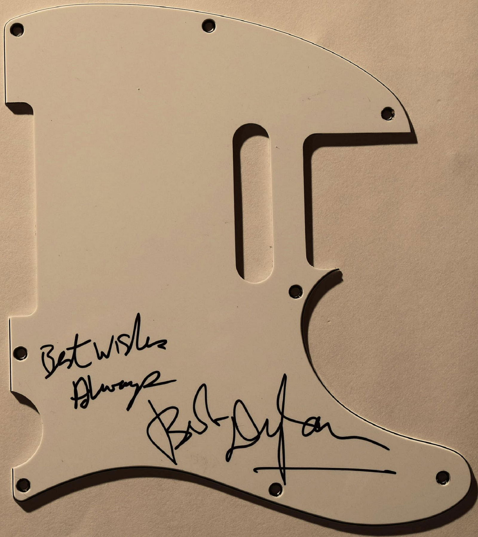 Bob Dylan signed Pick Guard: Bob Dylan signed White Fender Strat Pick Guard autographed Best Wishes Always Bob Dylan