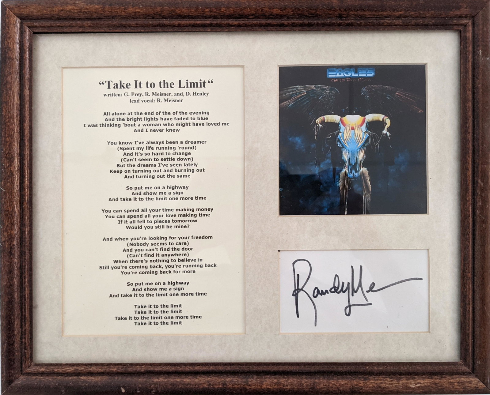 Eagles Signed Take It To The Limit Lyrics - Custom: Eagles Take It To The Limit Lyrics - Autographed by Randy Meisner - Custom Matted and Framed - 12x15 inches