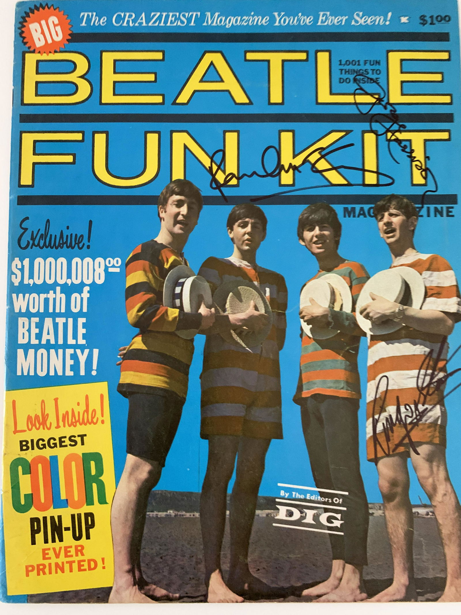 Beatle Fun Kit Signed Magazine: Beatle Fun Kit Signed Magazine Autographed by: George Harrison, Paul McCartney, Ringo Starr - 11x14 inches
