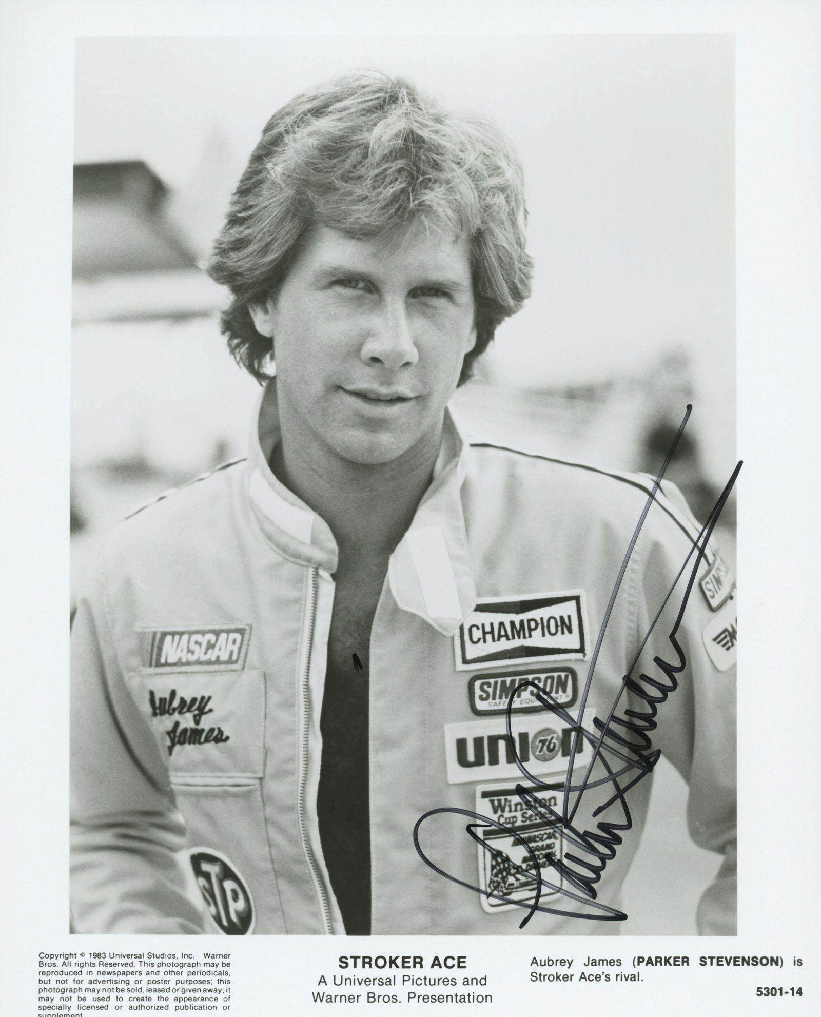 Stroker Ace Parker Stevenson signed movie photo: Stroker Ace signed movie photo autographed by Parker Stevenson.