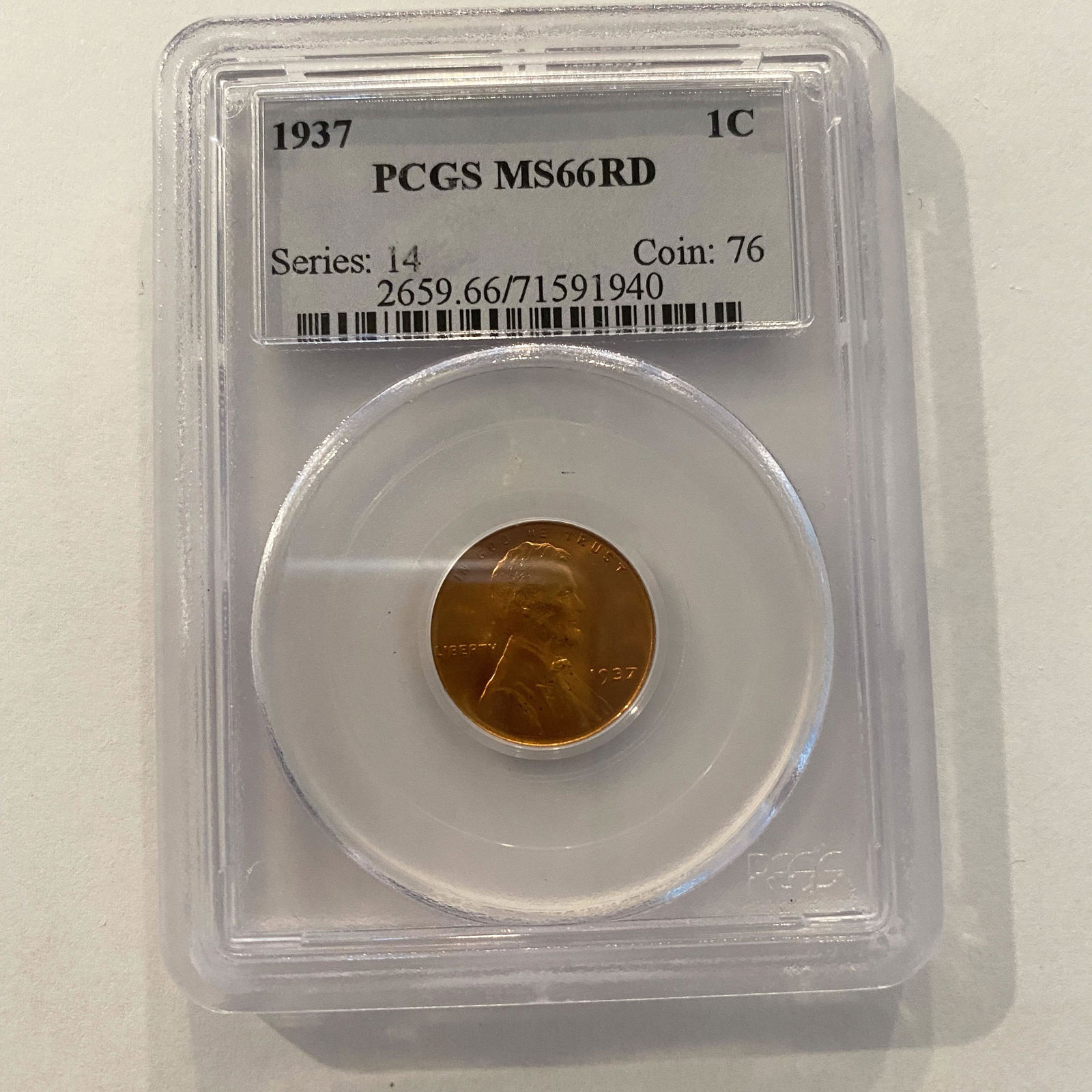 Hard to find 1937 Lincoln Cent. PCGS MS66RD (1 of 1)