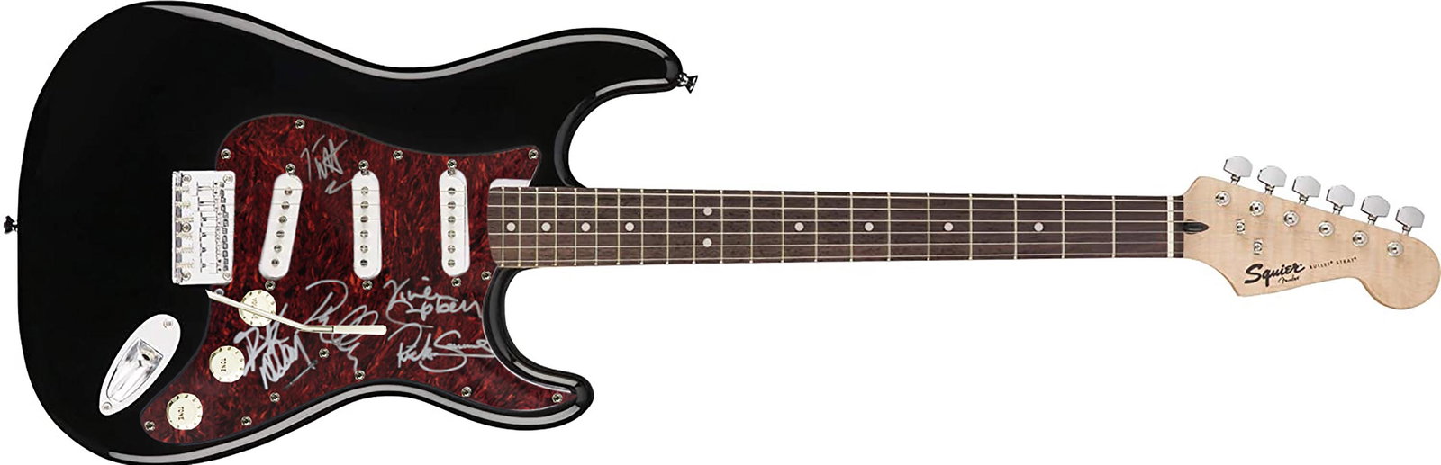 Def Leppard signed guitar: Def Leppard signed guitar autographed by Joe Elliott, Rick Savage, Rick Allen, Phil Collen, Vivian Campbell. Standard size