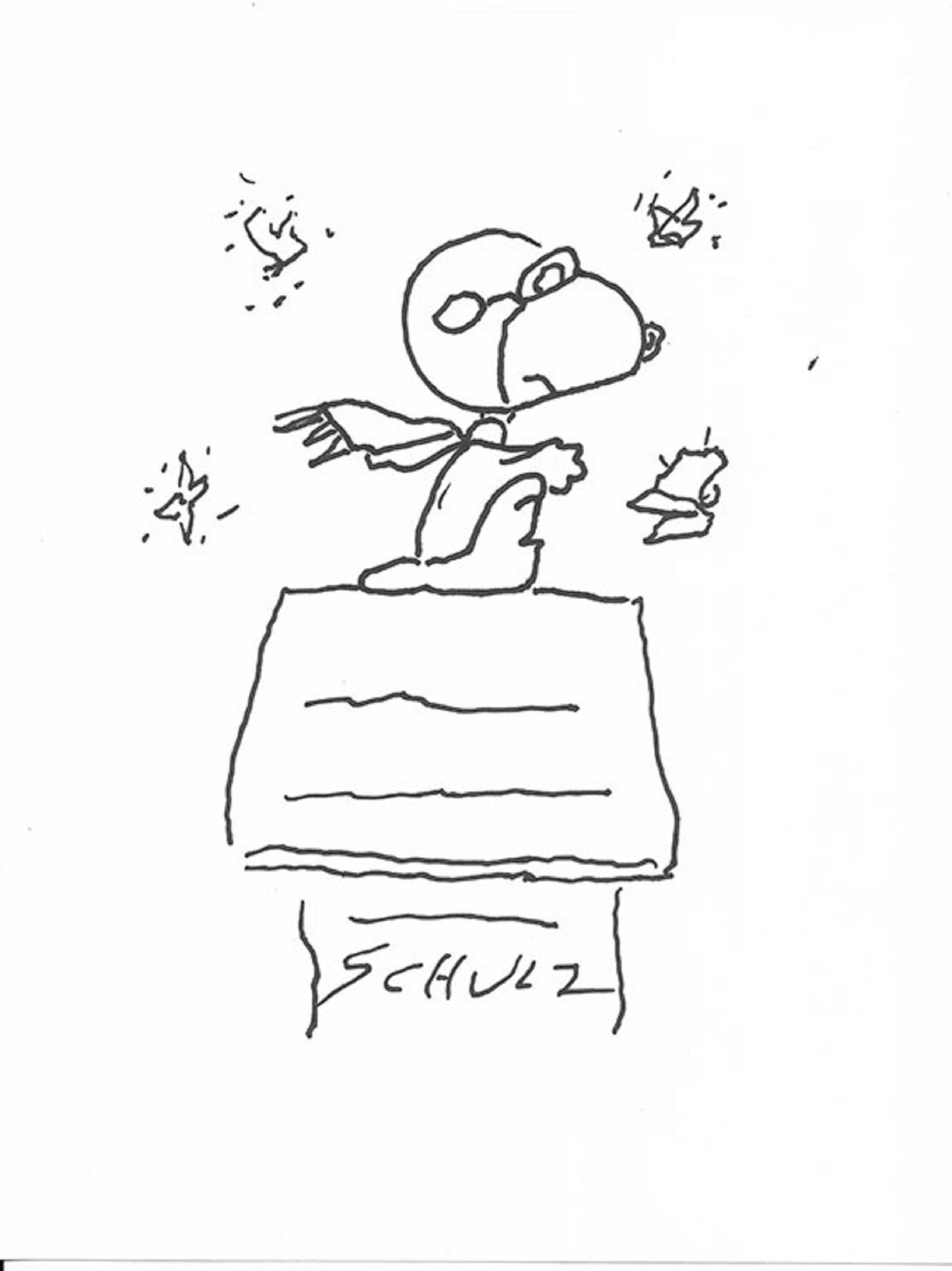 Charles Schulz drawn and signed sketch: Original drawing of Snoopy dressed in his flying gear on a 8.5”x11” cardstock. Accomplished using a black ink Sharpie pen and signed â€œSchulz.” In excellent condition, perfect f