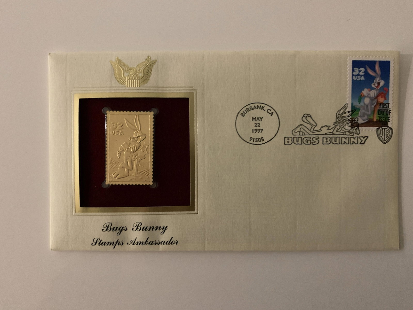 Bugs Bunny: Stamps Ambassador - First Day Cover -: Bugs Bunny: Stamps Ambassador -Gold Foil First Day Cover - Burbank, CA. - May 22nd 1997 RAre
