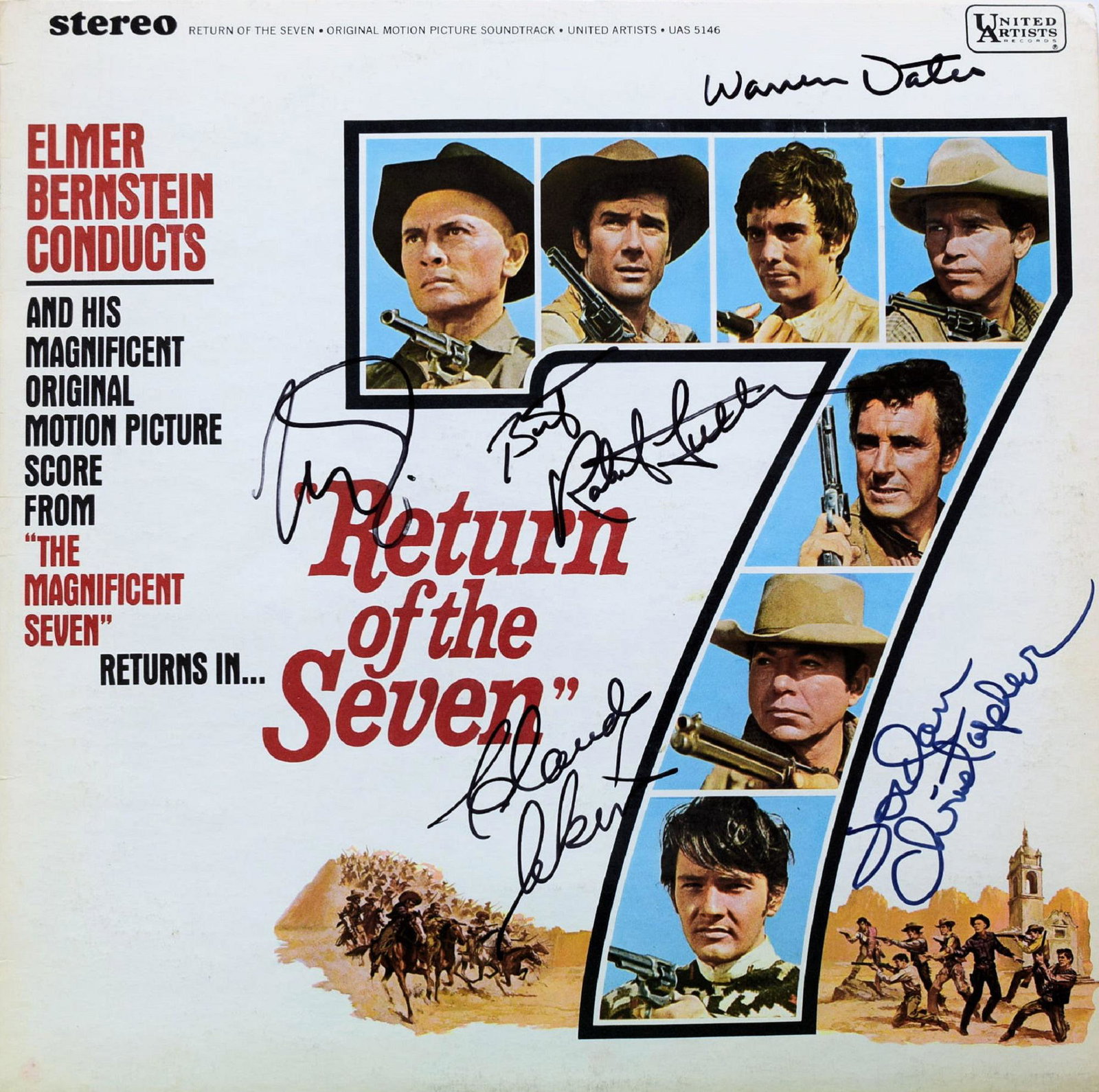 Return Of The Seven cast signed soundtrack: Original Motion Picture Score From The Magnificent Seven signed Yul Brynner, Warren Cates, Claude Akins, Best Robert Fuller & Jordan Christopher