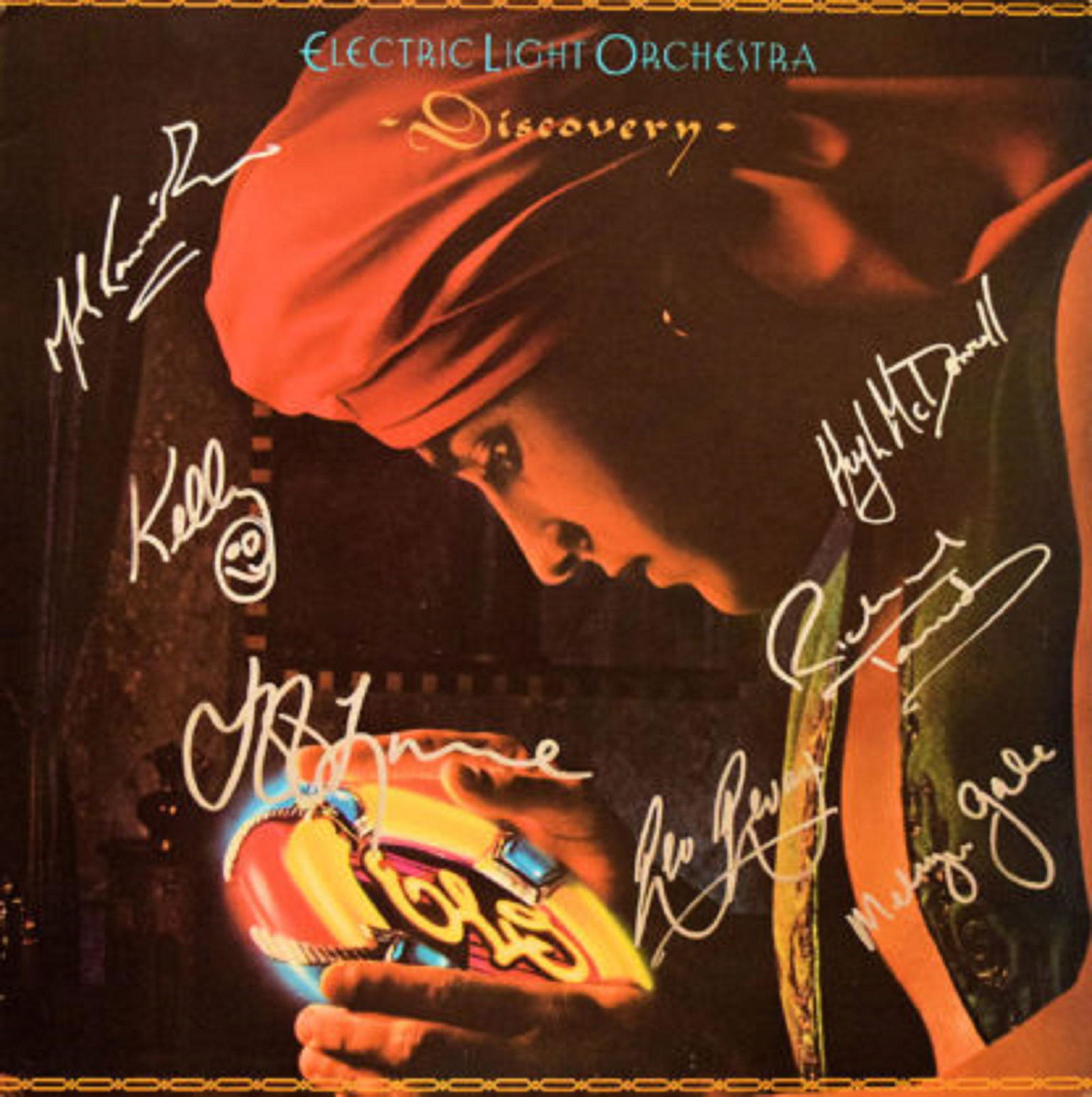 ELO signed Discovery album: ELO Discovery 1979 signed album autographed by Jeff Lynne, Richard Tandy, Hugh McDowell, Bev Bevan, Mik Kaminski, Melvyn Gale & Kelly Groucutt