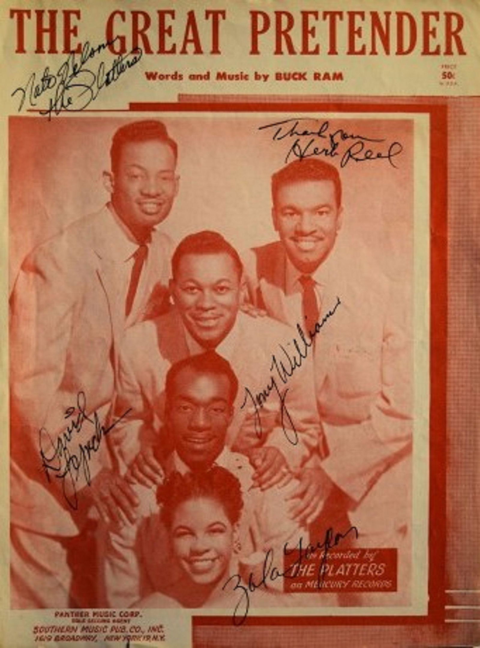 The Platters signed sheet music: The Platters The Great Pretender - 1955 sheet music autographed by Herb Reed, David Lynch, Nate Nelson, Zola Taylor & Tony Williams.