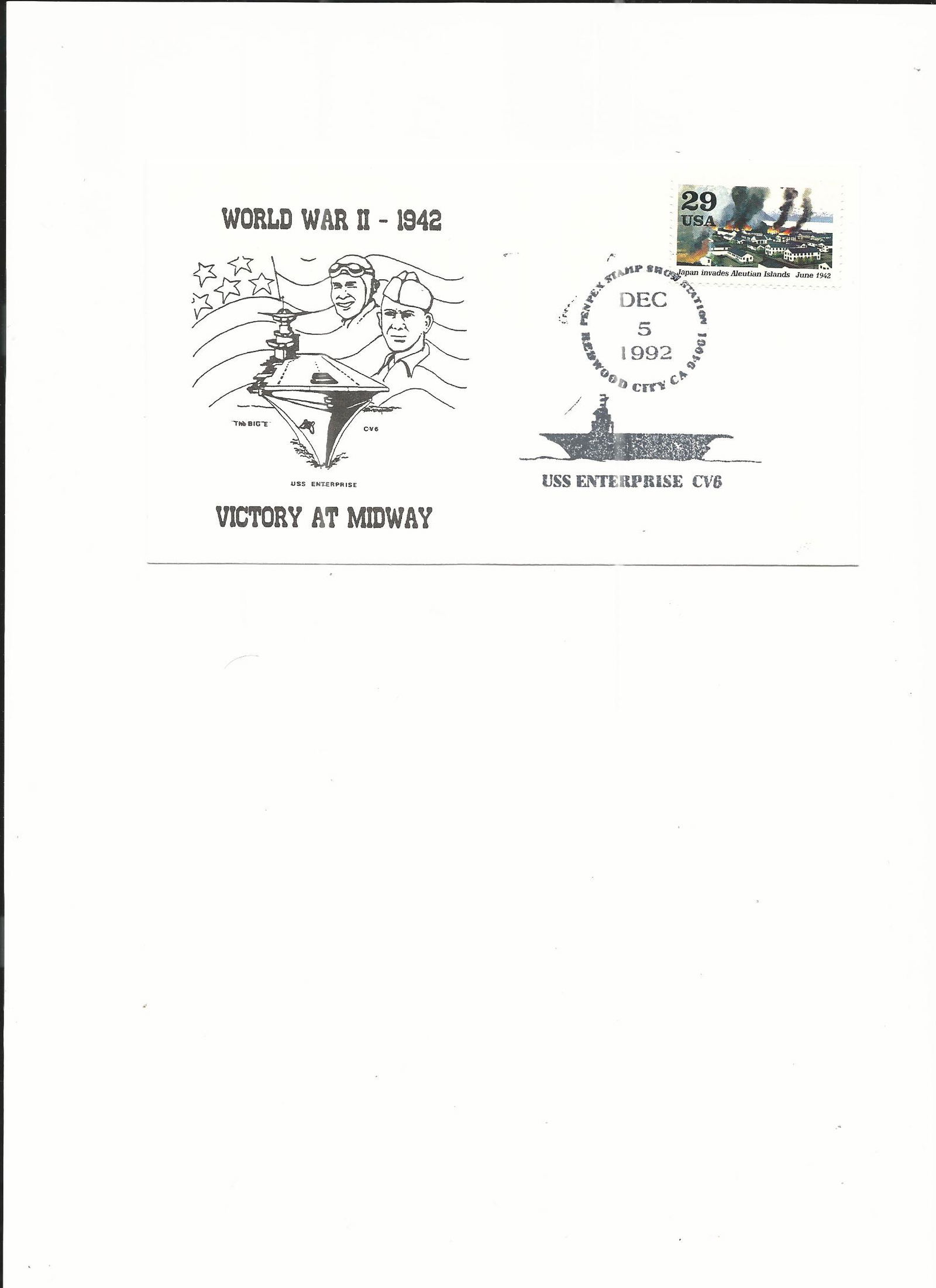 WWII Turning Point Cover- FDC: World War II 1942 - U.S.S. Enterprise Victory at Midway - First Day Cover - Dec 5th 1992 - Redwood City, CA