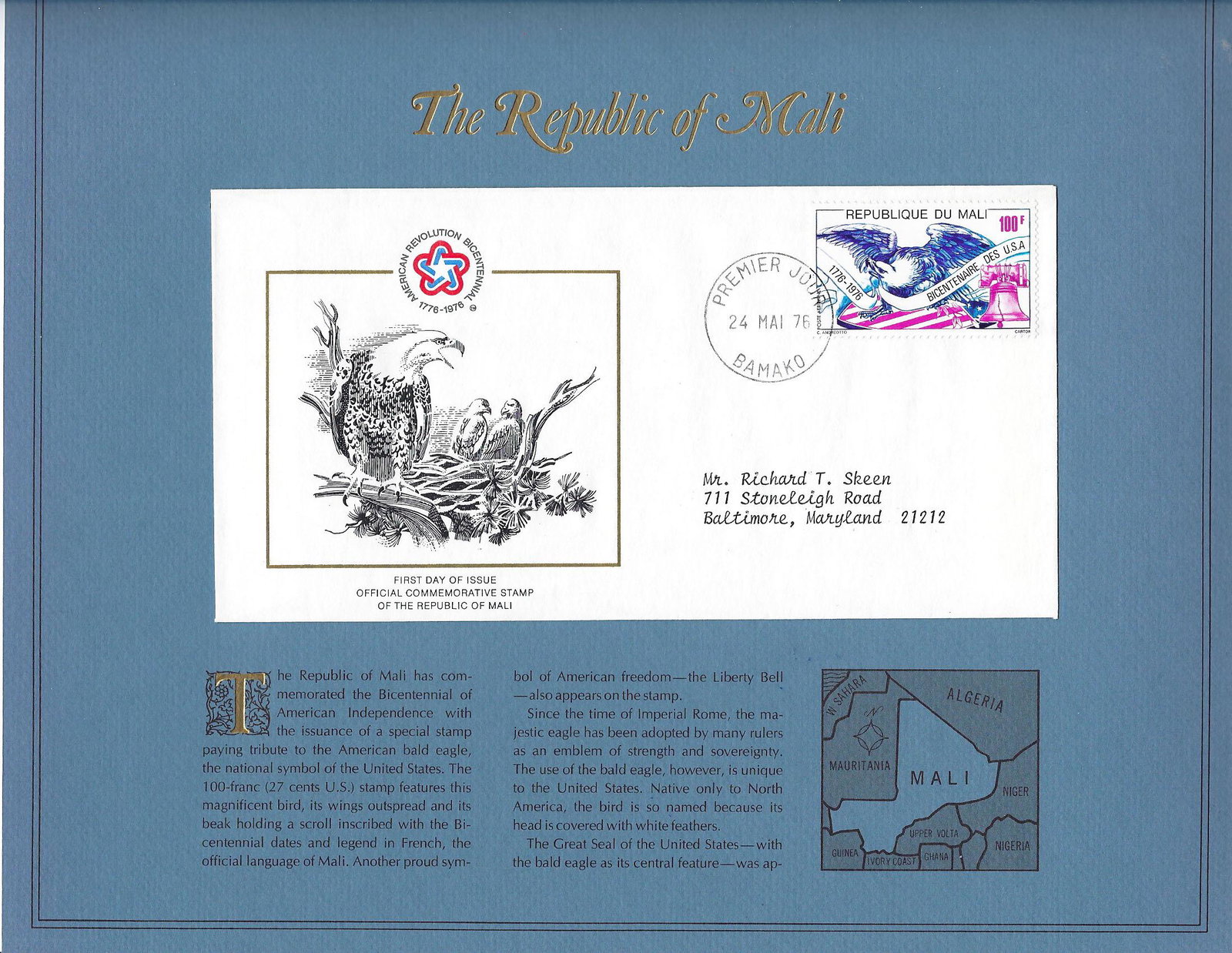 The Republic of Mali - American Bicentennial: The Republic of Mali - American Bicentennial Commemorative FDC - 24 Mai 76 - The Republic of Mali has commemorated the Bicentennial of American Independence with the issuing of a Special Commemorative