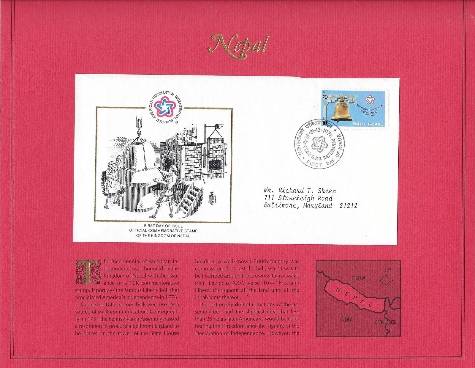 Nepal - American Bicentennial Commemorative FDC: Nepal - American Bicentennial Commemorative FDC - 31-12-1976 - Nepal has commemorated the Bicentennial of American Independence with the issuing of a Special Commemorative Stamp on a Limited Edition F