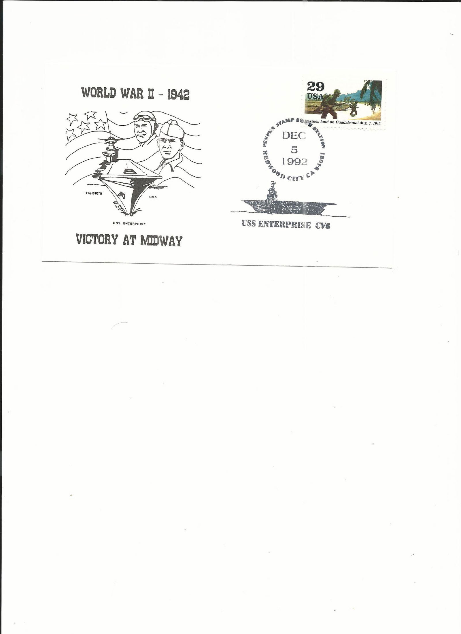 1943 WWII Turning Point Cover- FDC: World War II 1942 - U.S.S. Enterprise Victory at Midway - First Day Cover - Dec 5th 1992 - Redwood City, CA