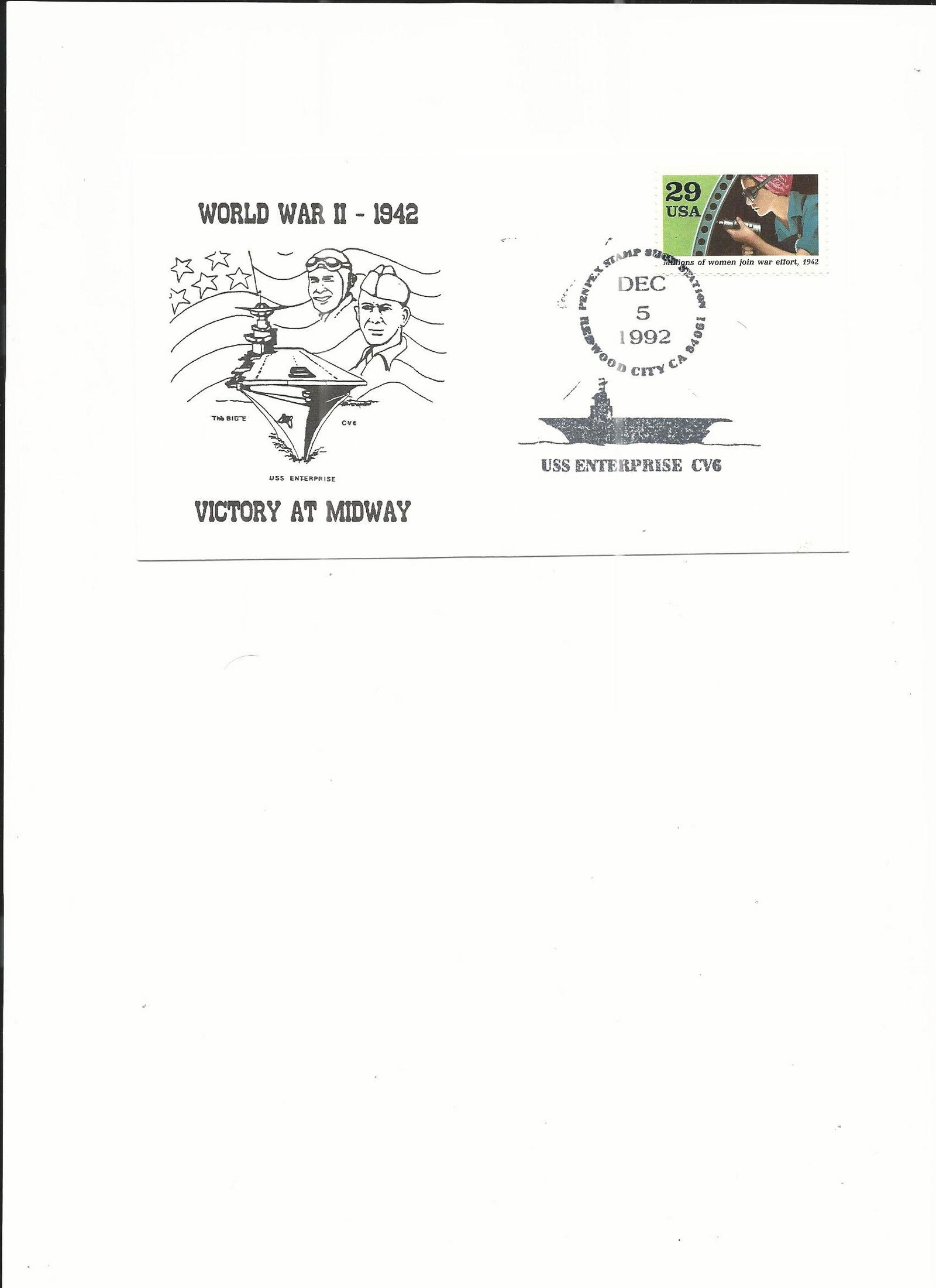 1943 WWII Turning Point Cover- FDC: World War II 1942 - U.S.S. Enterprise Victory at Midway - First Day Cover - Dec 5th 1992 - Redwood City, CA