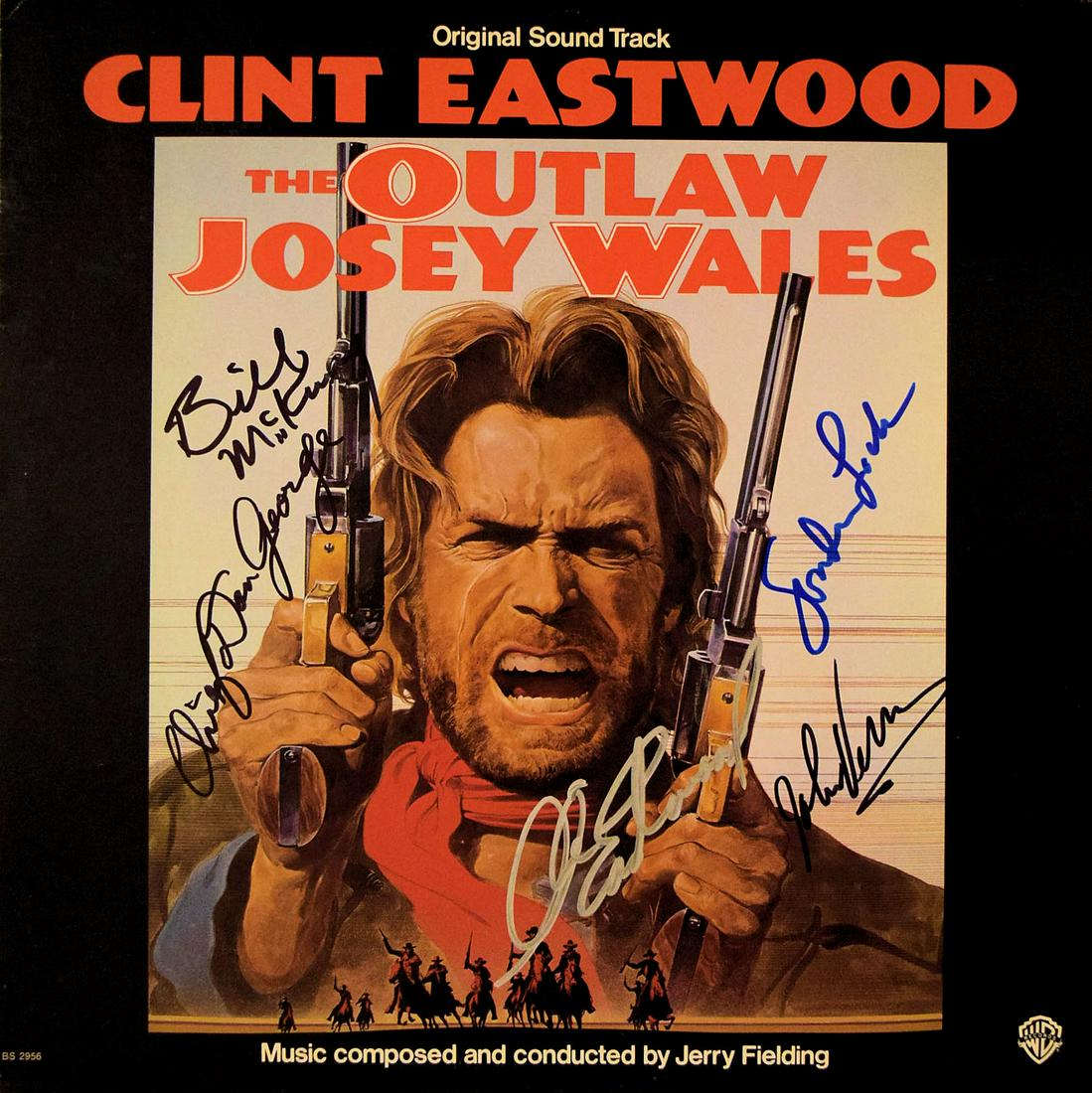 The Outlaw Josey Wales signed soundtrack album: The original soundtrack to 1976 The Outlaw Josey Wales album autographed by Clint Eastwood, John Vernon, Sondra Locke, Bill McKinney & Chief Dan George.