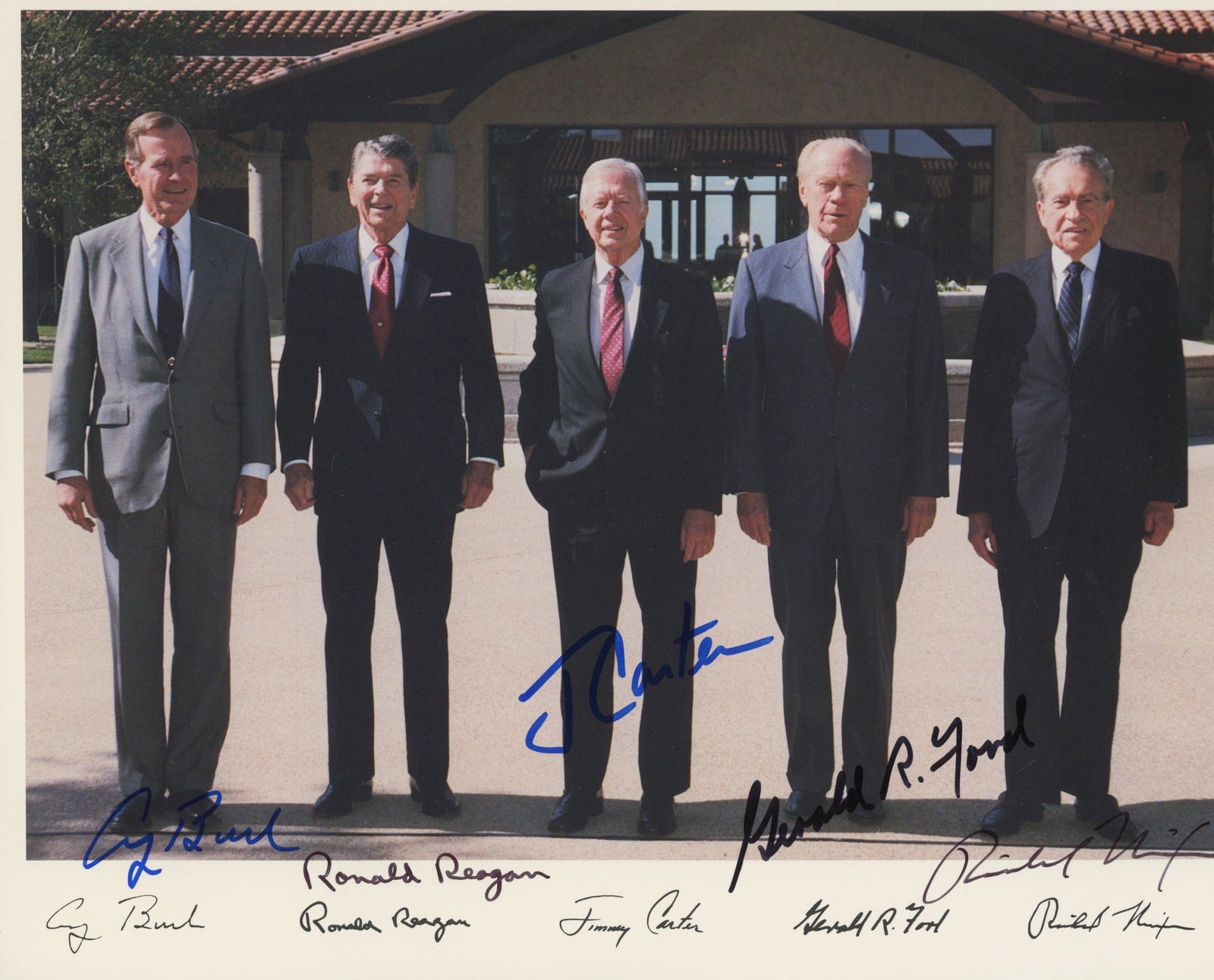 George H.W. Bush, Ronald Reagan, Jimmy Carter, Gerald: "5 American Presidents" 8x10 photo autographed by George H.W. Bush, Ronald Reagan, Jimmy Carter, Gerald Ford, and Richard Nixon. Custom matted and framed, the finished piece is 11x14.George Herbert Wa