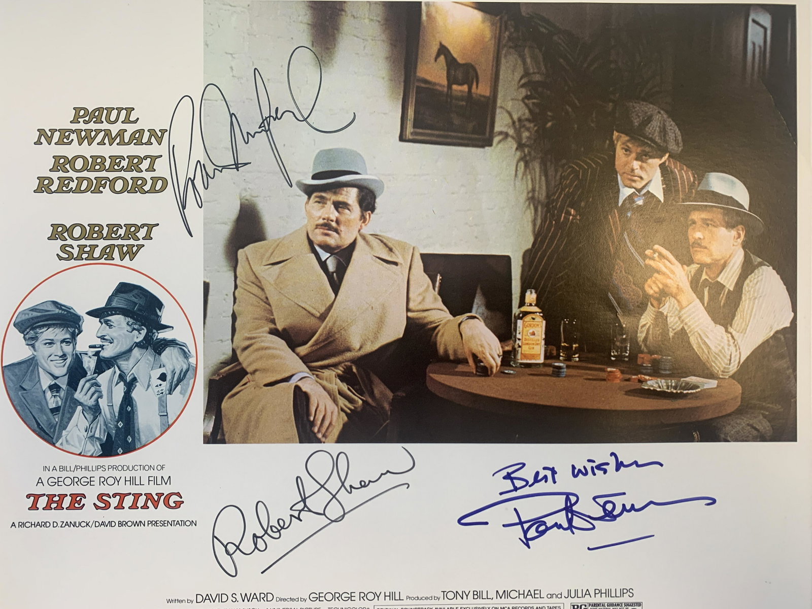 The Sting cast signed lobby card: The Sting cast signed lobby card autographed by Robert Redford, Paul Newman and Robert Shaw. 11x14 inches