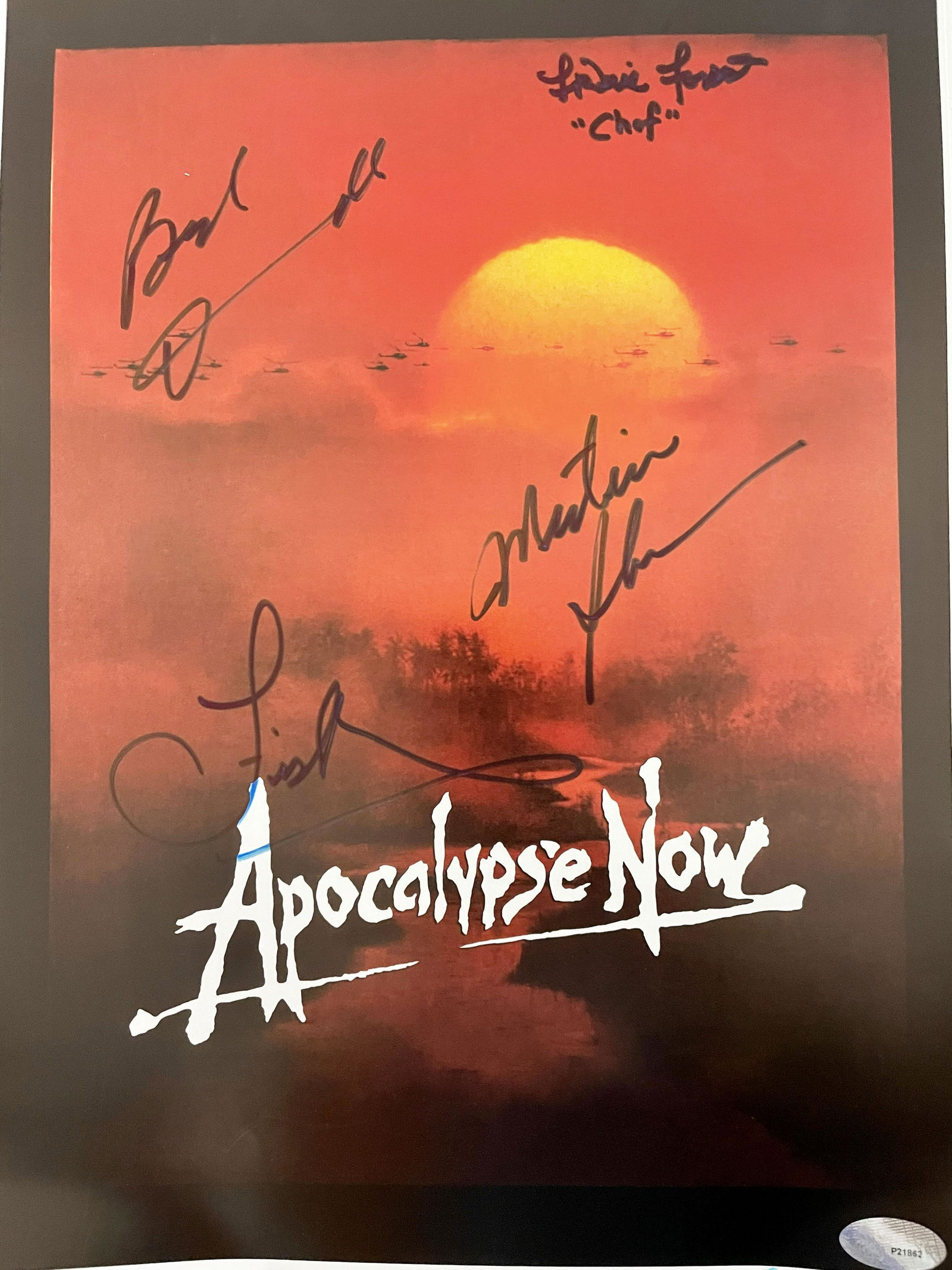 Apocalypse Now cast signed mini poster: Apocalypse Now cast signed mini poster. Autographed by Martin Sheen, Robert Duvall, Frederic Forrest, and Laurence Fishburne. 11 x 17 inches.