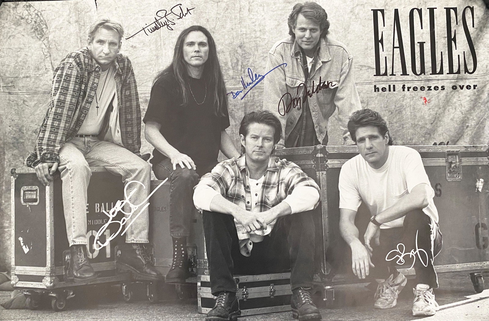 Eagles Hell Freezes Over signed poster: Eagles Hell Freezes Over signed poster autographed by Don Felder, Glenn Frey, Don Henley, Timothy B. Schmit and Joe Walsh. 36x39 inches