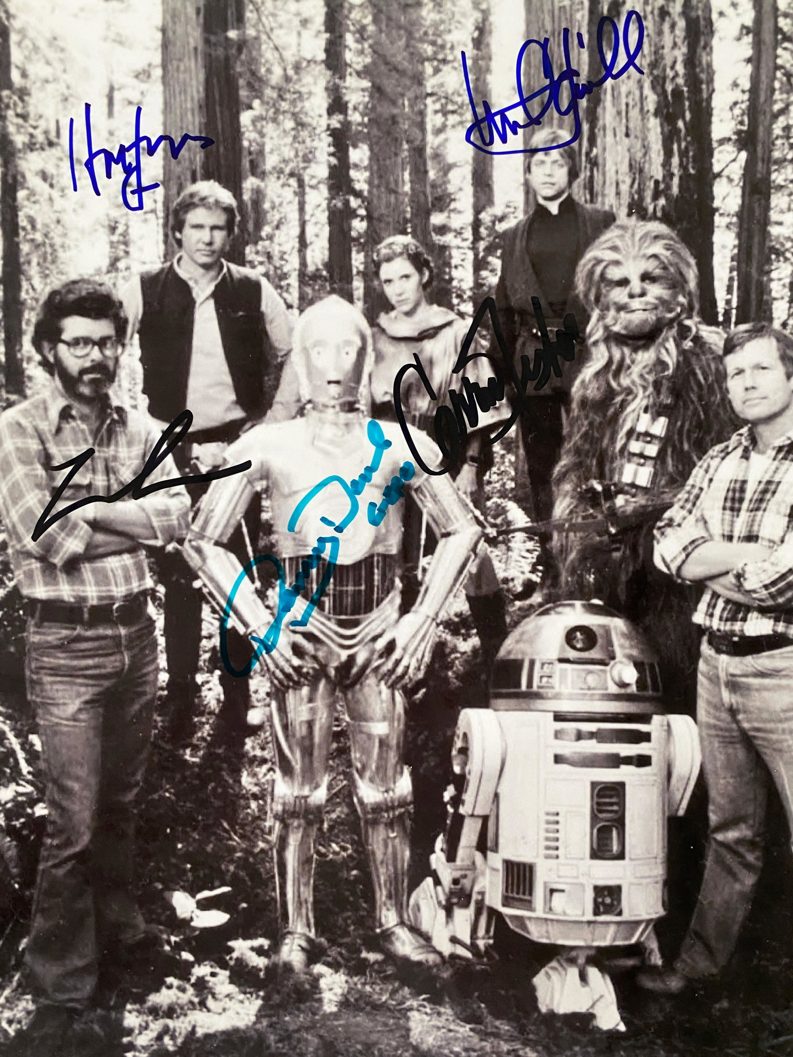 Return of The Jedi Cast Signed Photo: Return of The Jedi Cast Signed Photo Autographed by George Lucas, Harrison Ford, Anthony Daniels, Carrie Fisher and Mark Hamill. 9x11 inches