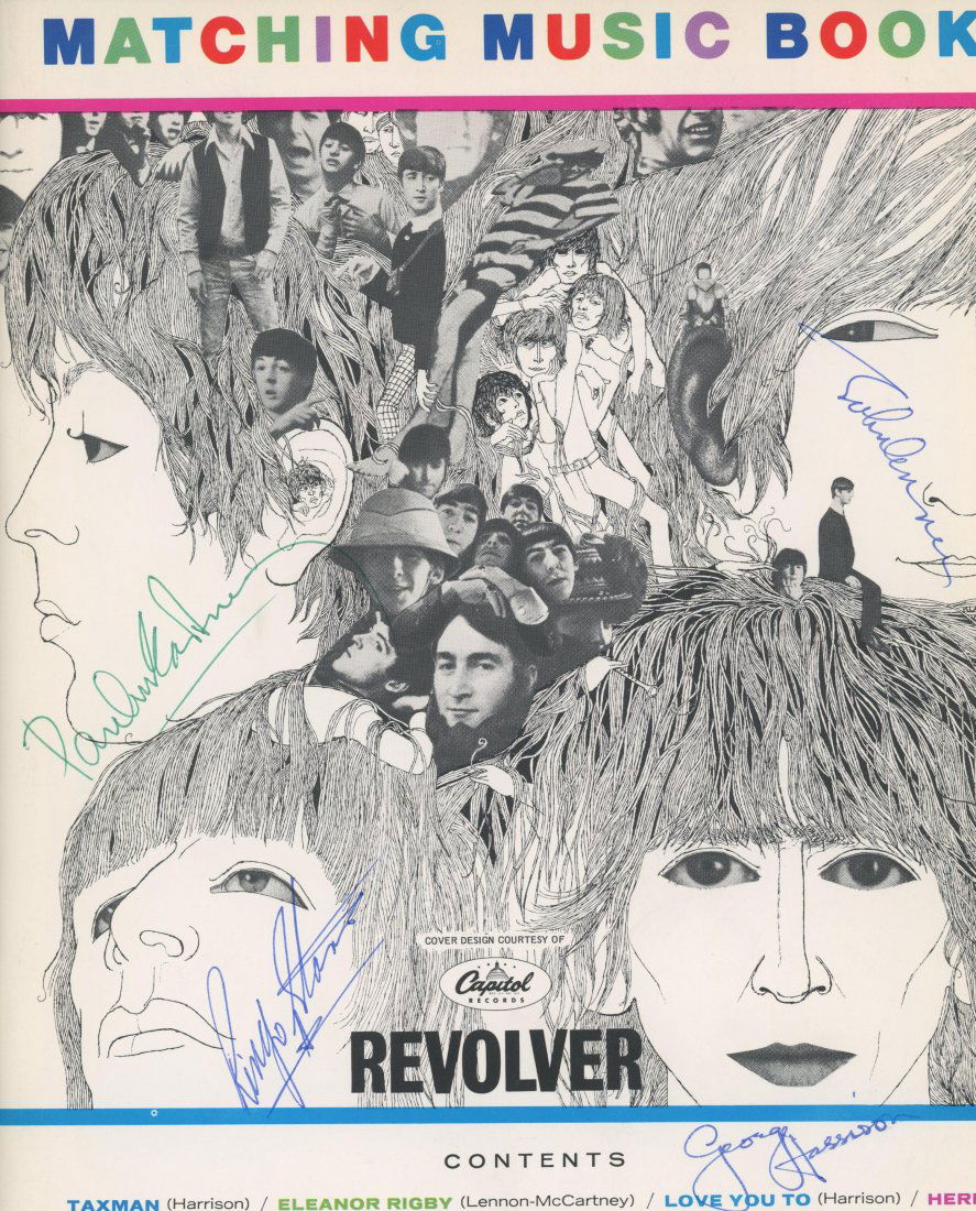 The Beatles signed Revolver Matching Music Book: The Beatles signed Revolver Matching Music Book autographed by John Lennon, Paul McCartney, George Harrison and Ringo Starr. The Beatles were an English rock band formed in Liverpool in 1960. With a l