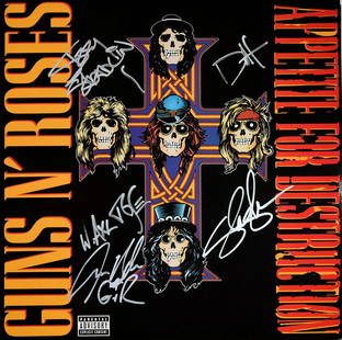 Guns N' Roses signed Appetite For Destruction album: Guns N' Roses 1987 hit album "Appetite For Destruction" autographed by Izzy Stradlin, W. Axl Rose, Duff McKagan, Slash, and Steven Adler.